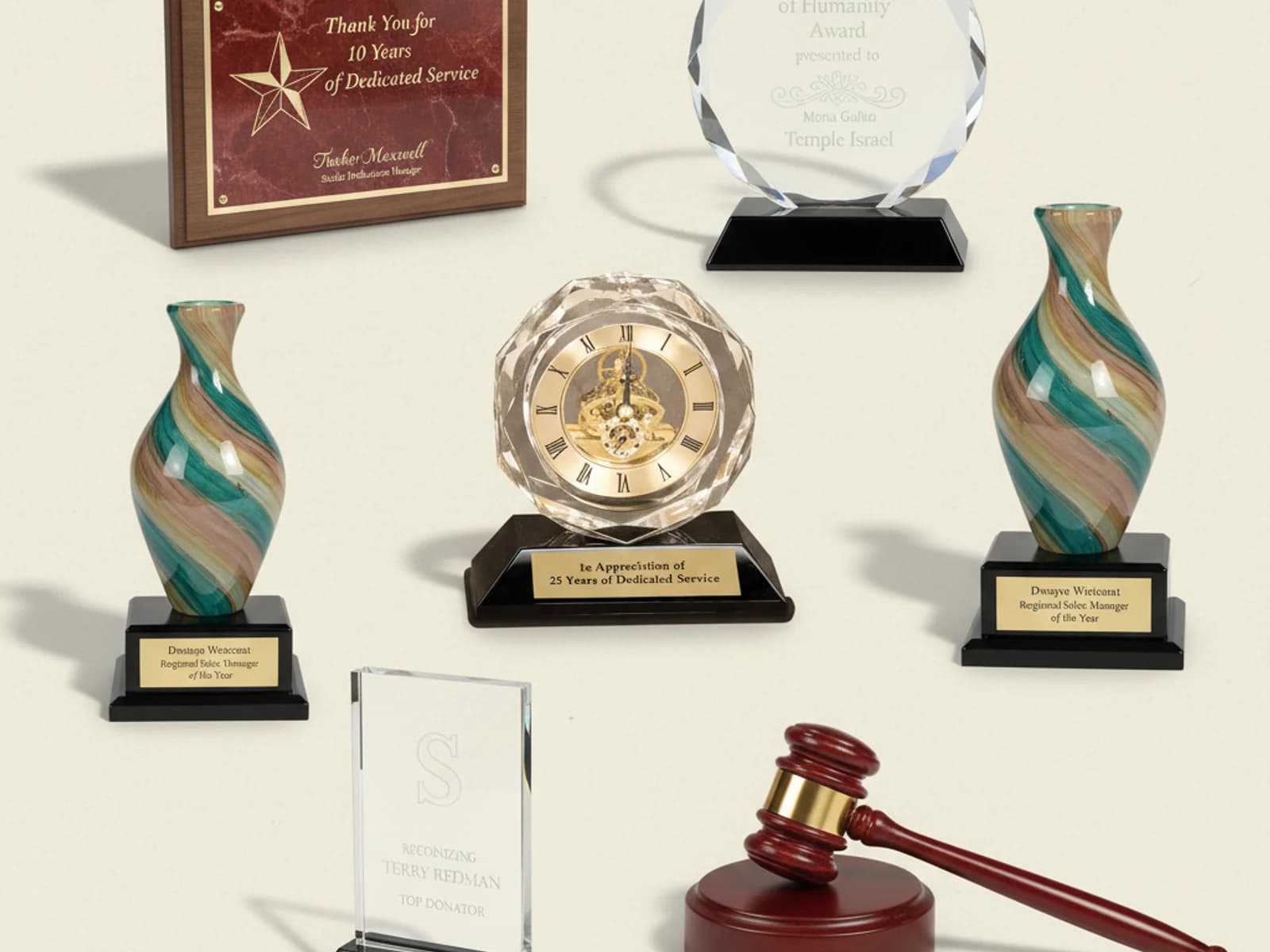 Corporate Awards — Plaques, crystal, glass, acrylic, clocks — laser-engraved in-house.