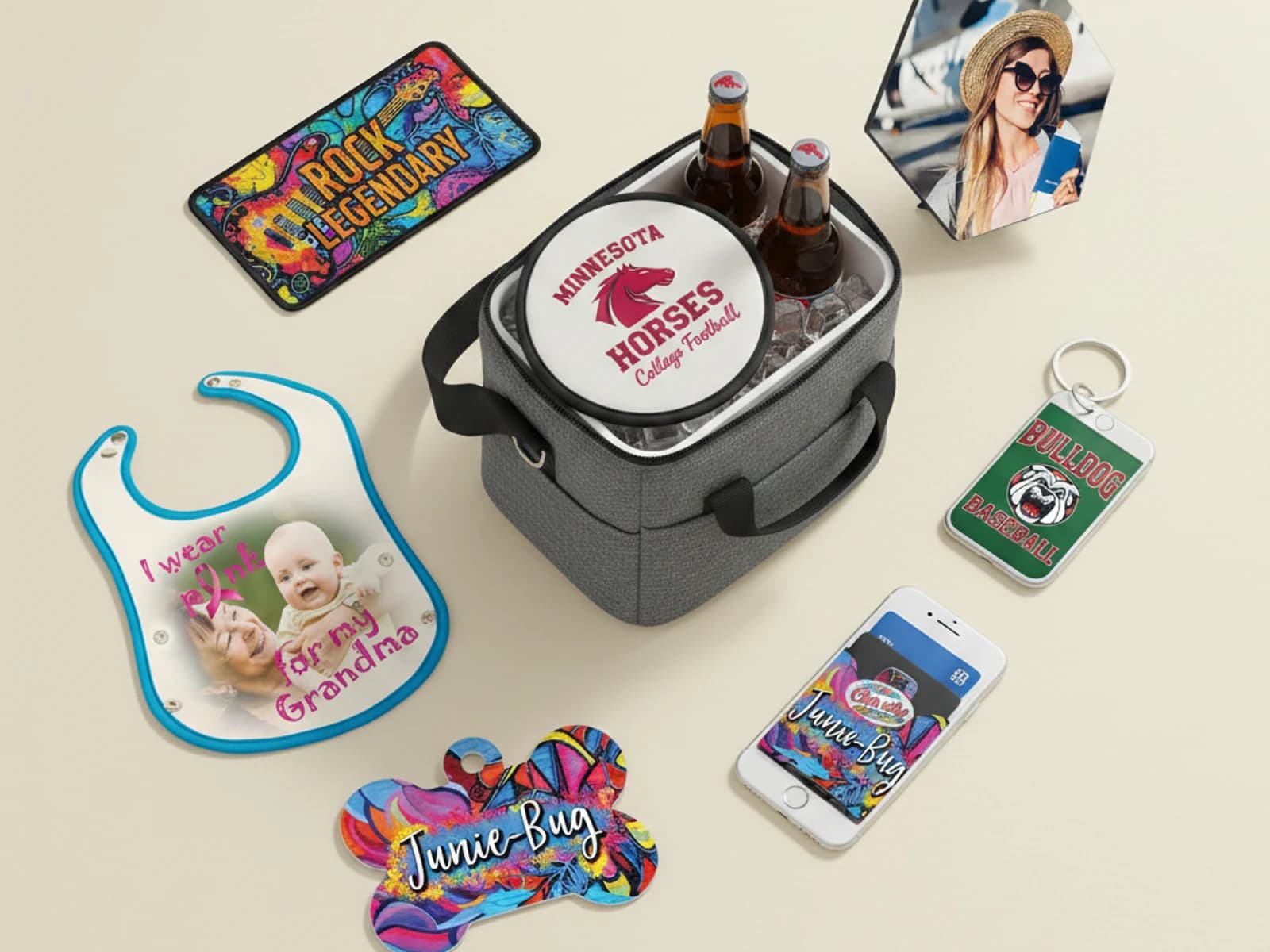 Custom Color Photo Gifts — Coolers, keychains, phone cases, patches, pet items, novelty.