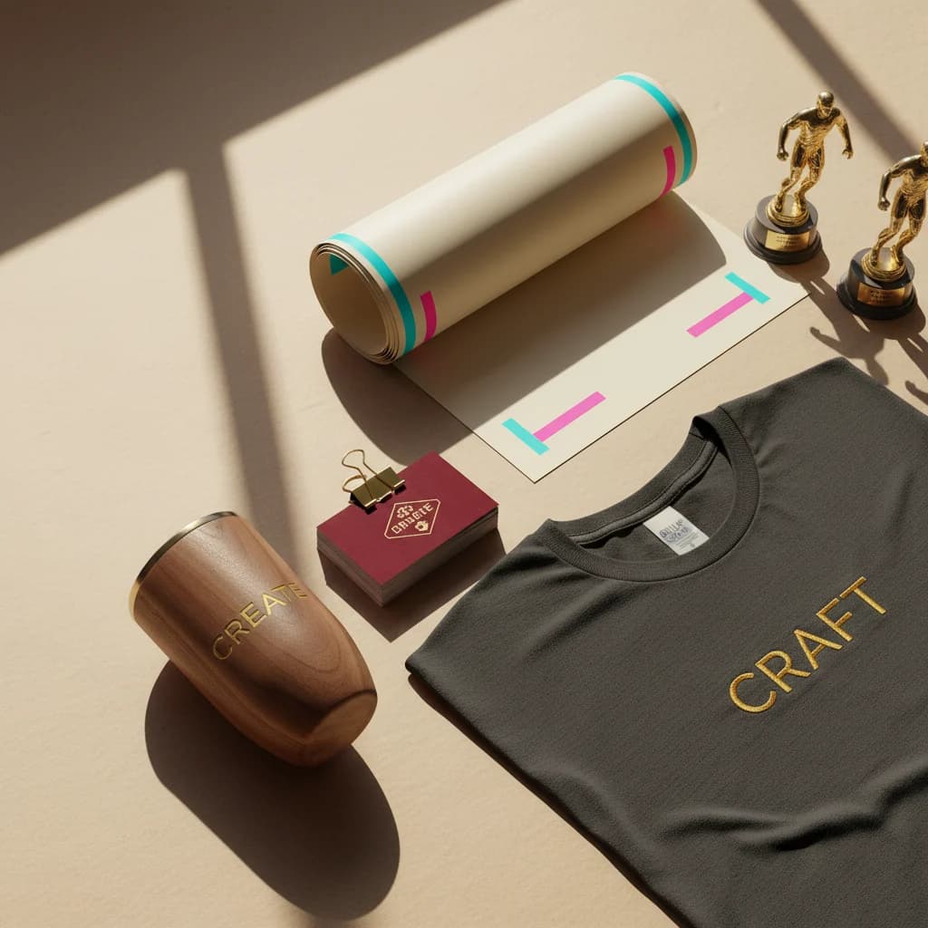 Print shop press run showing layered cards, embroidered tee, engraved tumbler, and custom banner