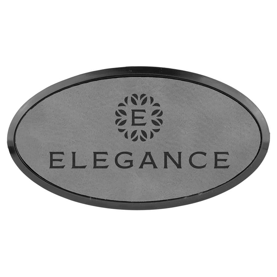 3" x 1 1/2" Gray Leatherette Oval Badge with Frame