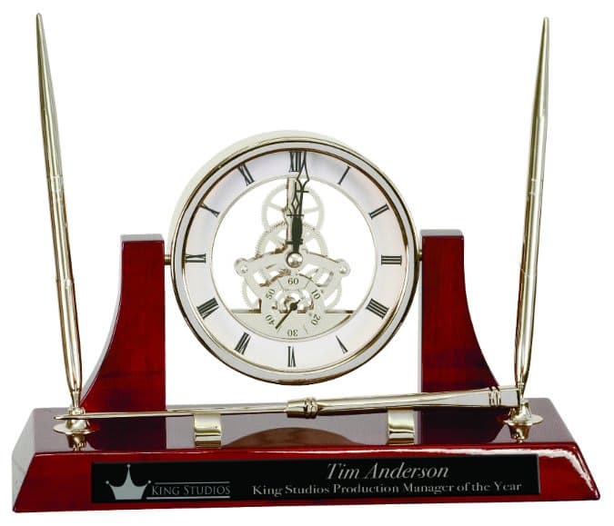 Executive Piano Finish Clock Desk Set w/2 Pens & Letter Opener Silver/Rosewood