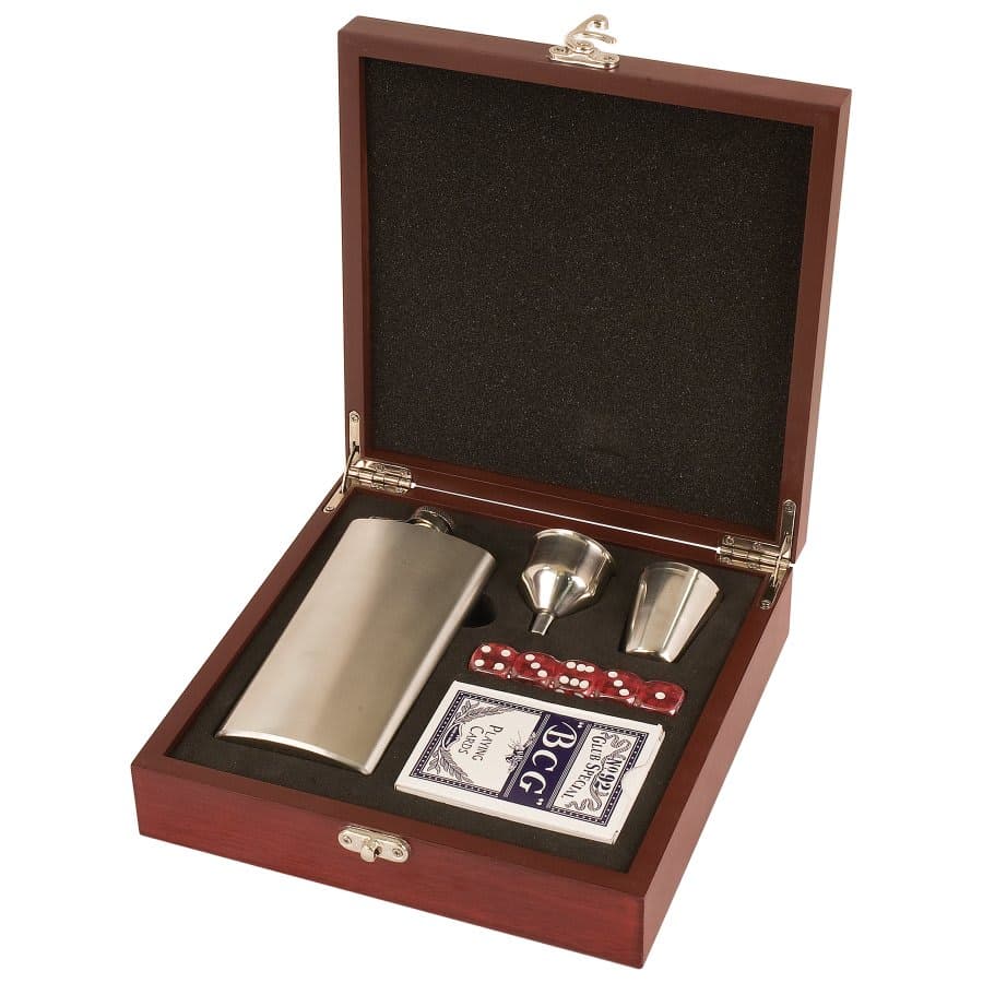 Rosewood Finish Flask Set with 7 oz. Flask, Shot Glass, Cards & 5 Dice