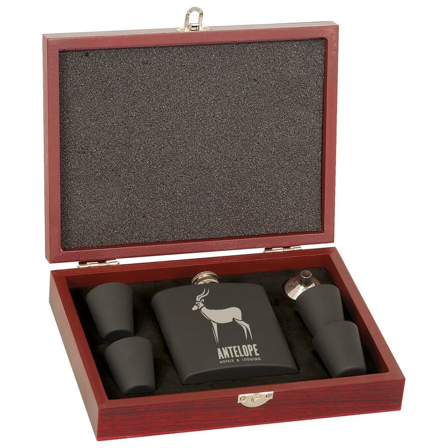 6 oz. Matte Black Flask Set in Rosewood Finish Box w/4 Shot Glasses & Funnel