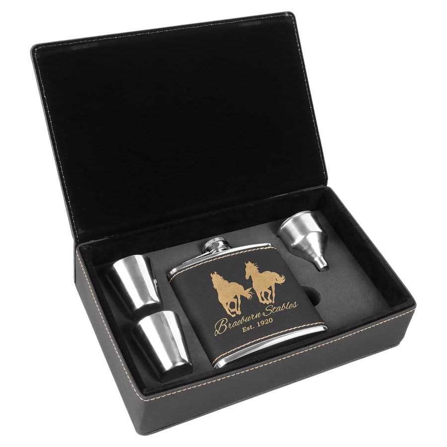 Black/Gold 6 oz. Leatherette Flask Set
