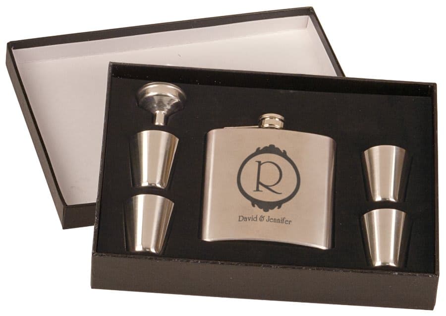 6 oz. Stainless Steel Flask Set Black Presentation Box w/4 Shot Glasses & Funnel