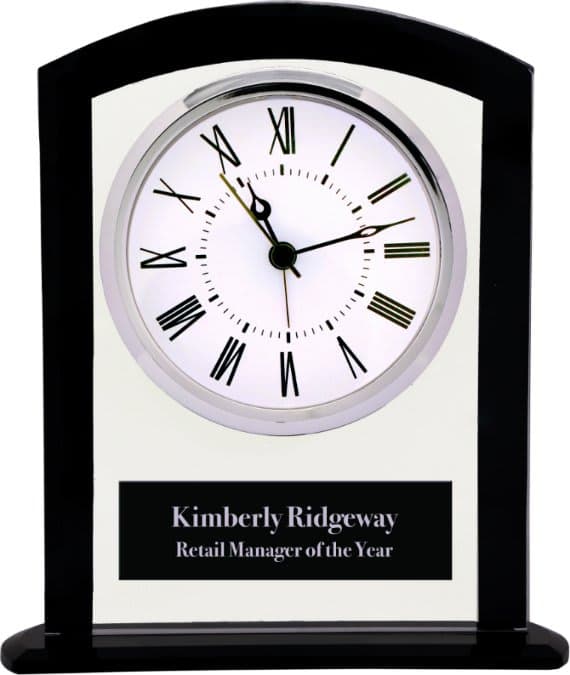 Square Arch Glass Clock with Black Border and Base