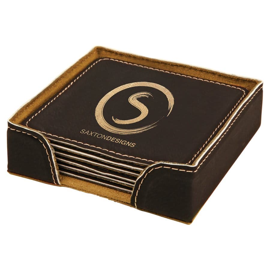 Black/Gold Leatherette Square 6-Coaster Set