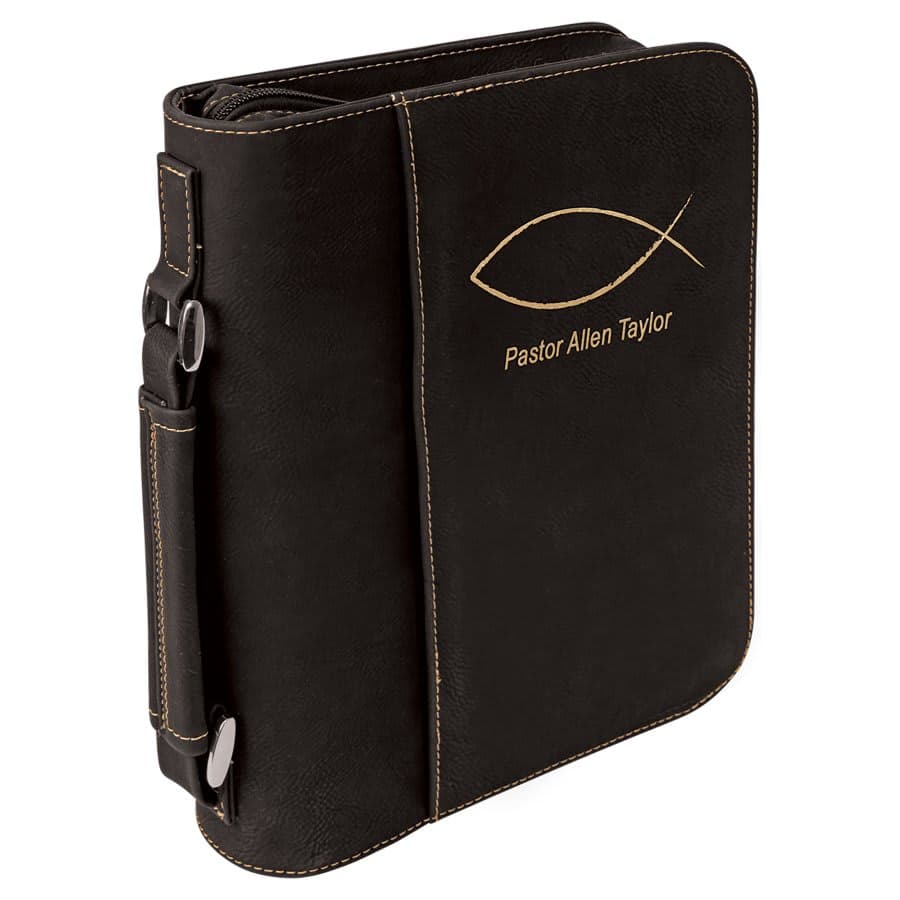 Black/Gold Leatherette Book/Bible Cover with Zipper & Handle