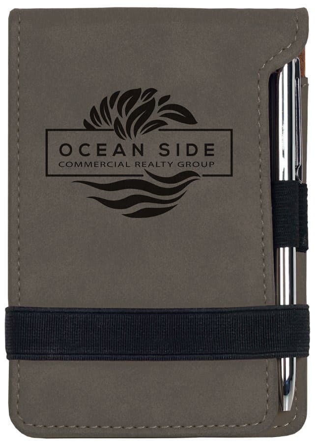 Gray Leatherette Mini Notepad with Pen