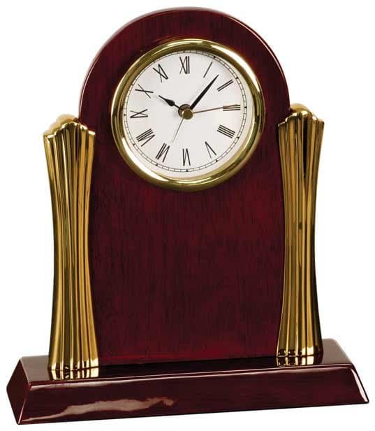 Rosewood Piano Finish Arch Desk Clock with Gold Columns
