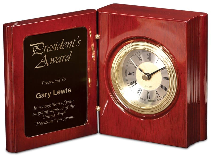 Rosewood Piano Finish Book Clock with Black Plate