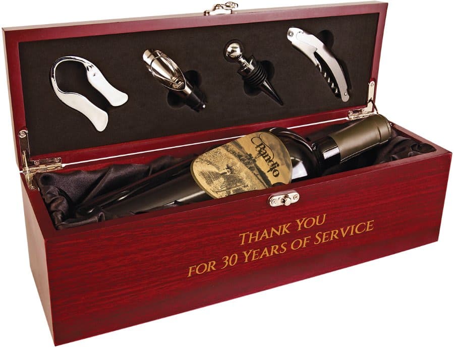 Rosewood Finish Single Wine Presentation Box with 4 Tools and Black Lining
