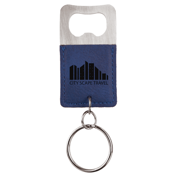 Blue/Black Leatherette Rectangle Bottle Opener Keychain