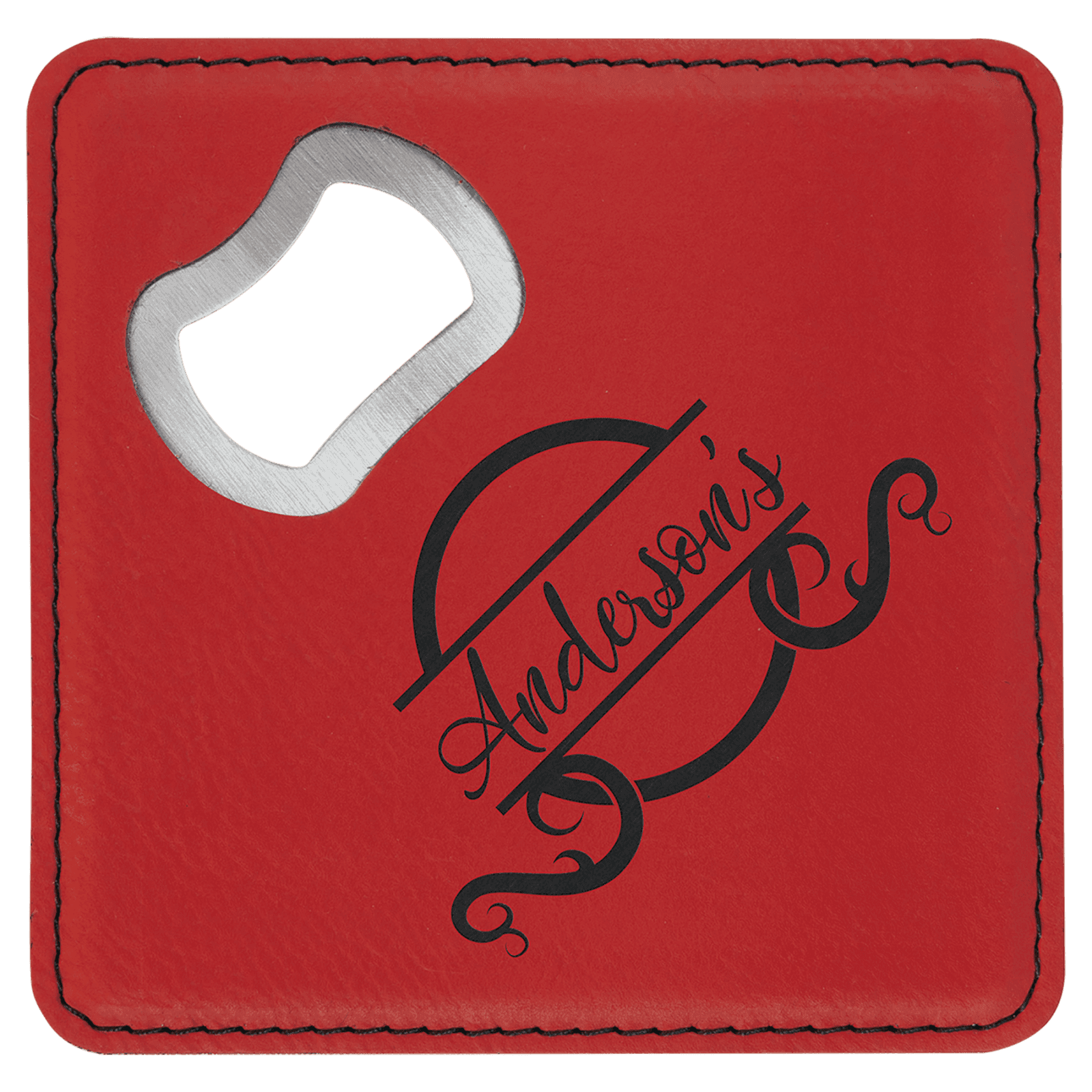 Red Lasered Leatherette Coaster with Bottle Opener