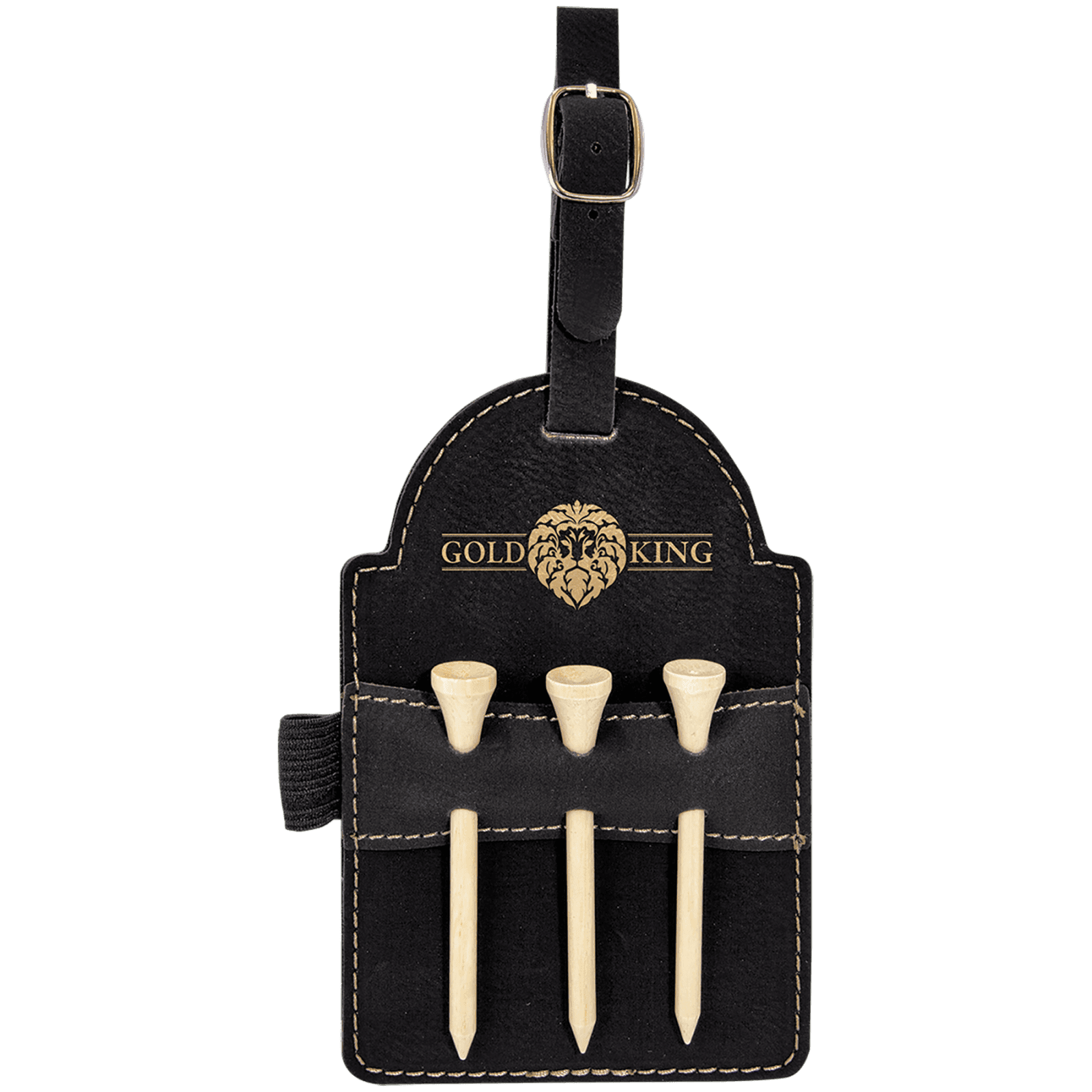 Black/Gold Leatherette Golf Bag Tag with Wooden Tees
