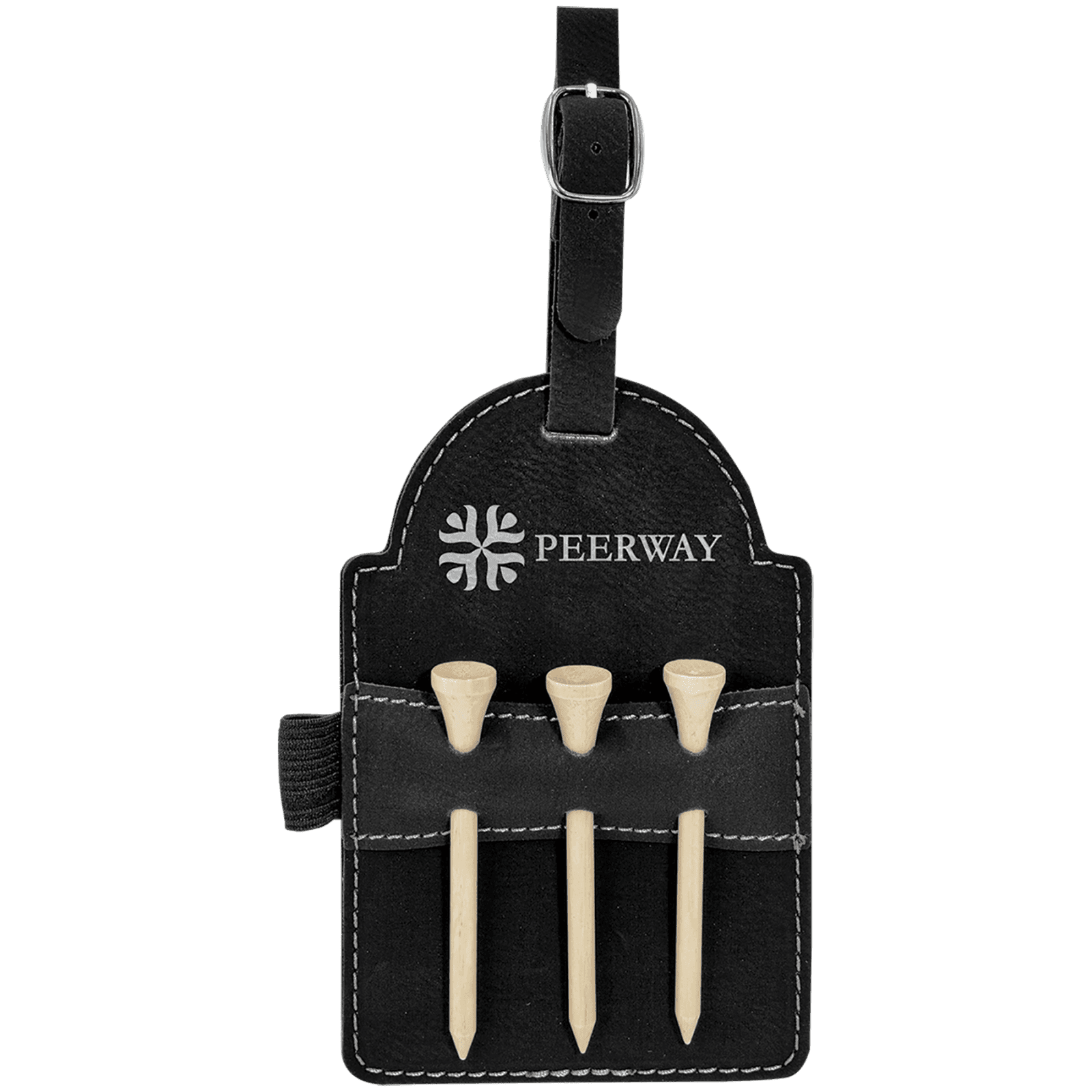 Black/Silver Leatherette Golf Bag Tag with Wooden Tees