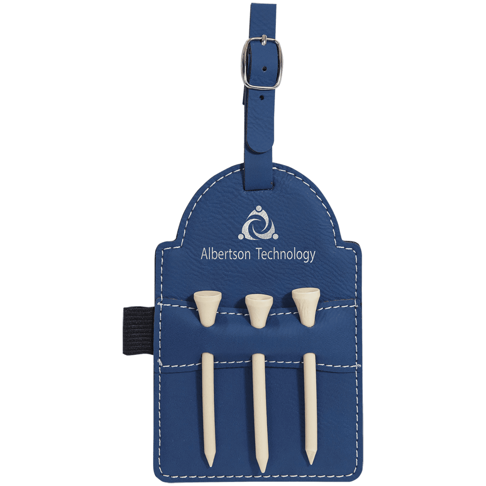 Blue/Silver Leatherette Golf Bag Tag with Wooden Tees