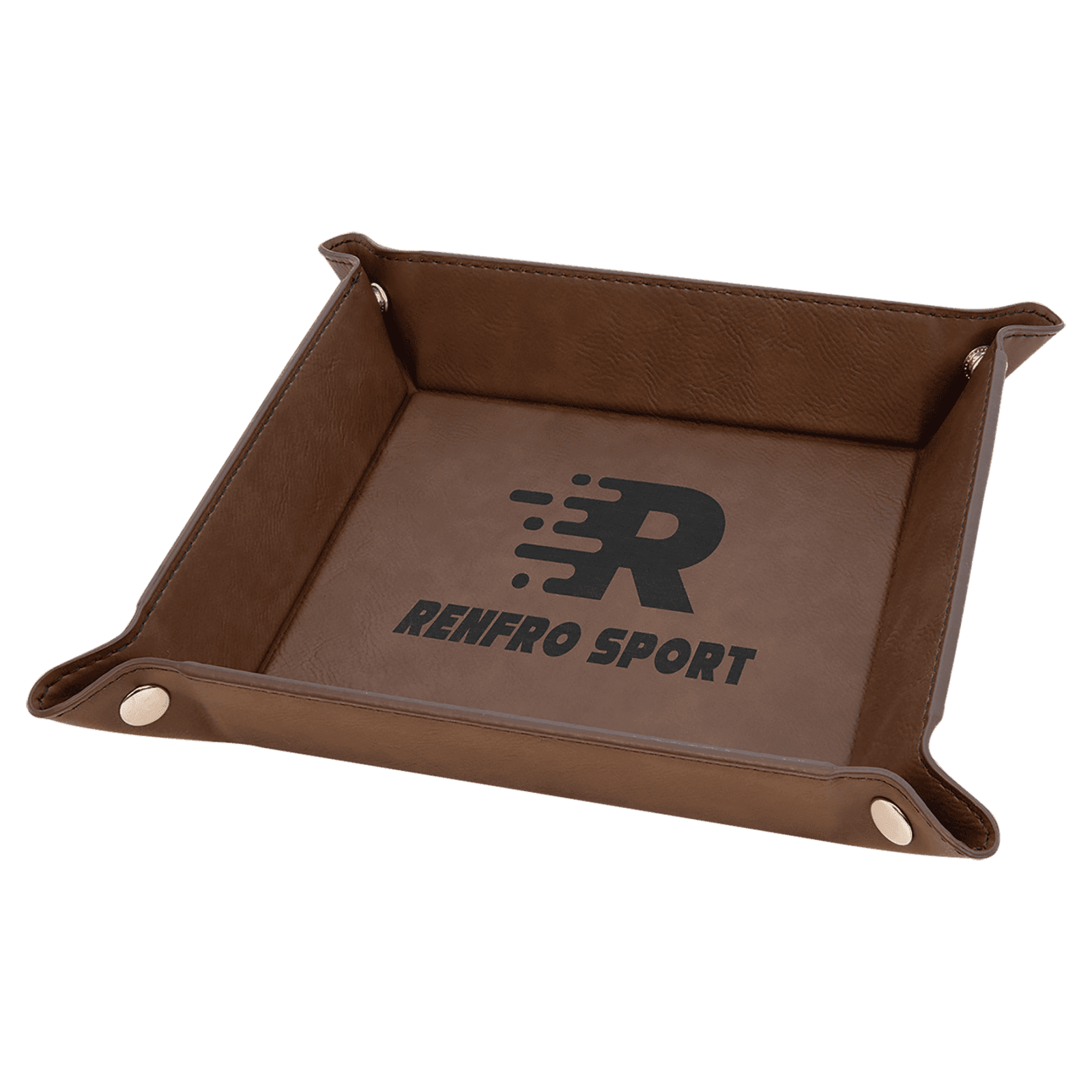 6" x 6" Dark Brown Laserable Leatherette Snap Up Tray with Silver Snaps