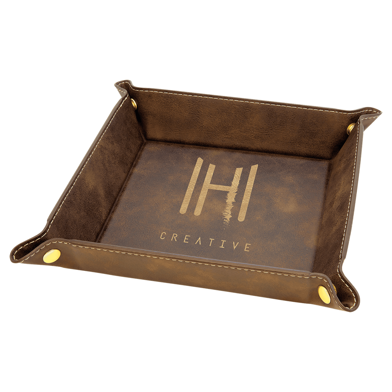6" x 6" Rustic/Gold Laserable Leatherette Snap Up Tray with Silver Snaps