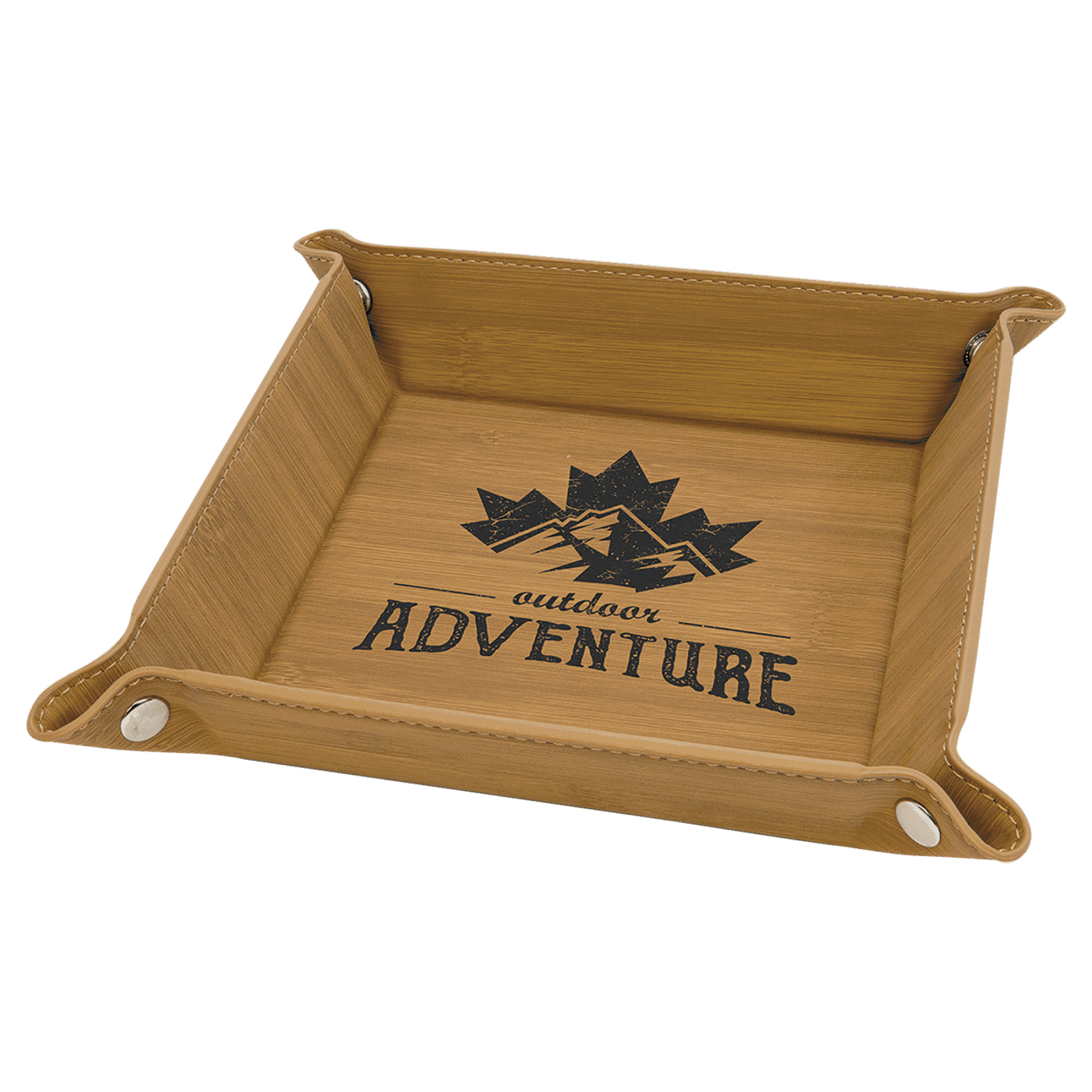 6" x 6" Bamboo Laserable Leatherette Snap Up Tray with Silver Snaps