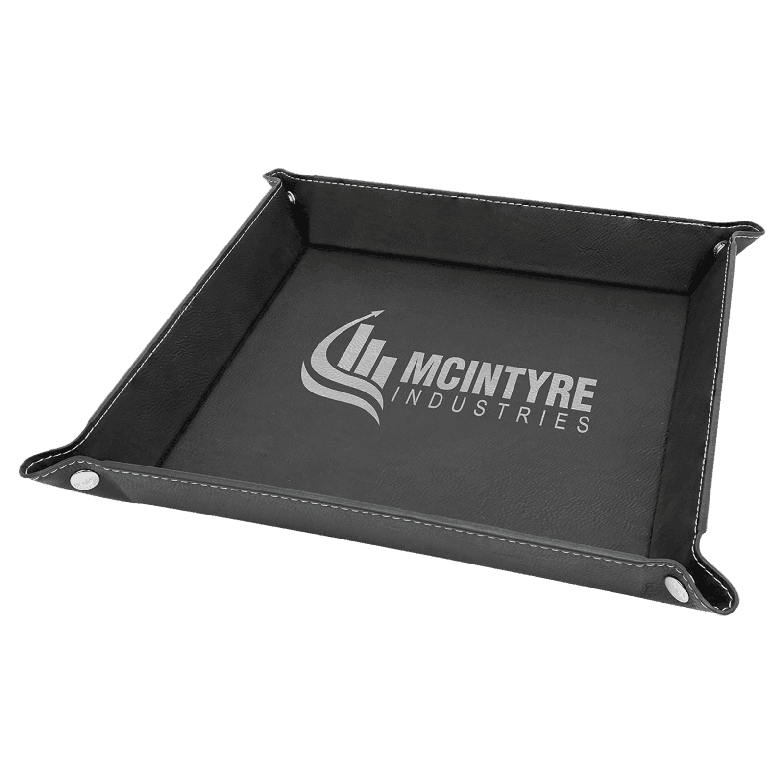 9" x 9" Black/Silver Laserable Leatherette Snap Up Tray with Silver Snaps