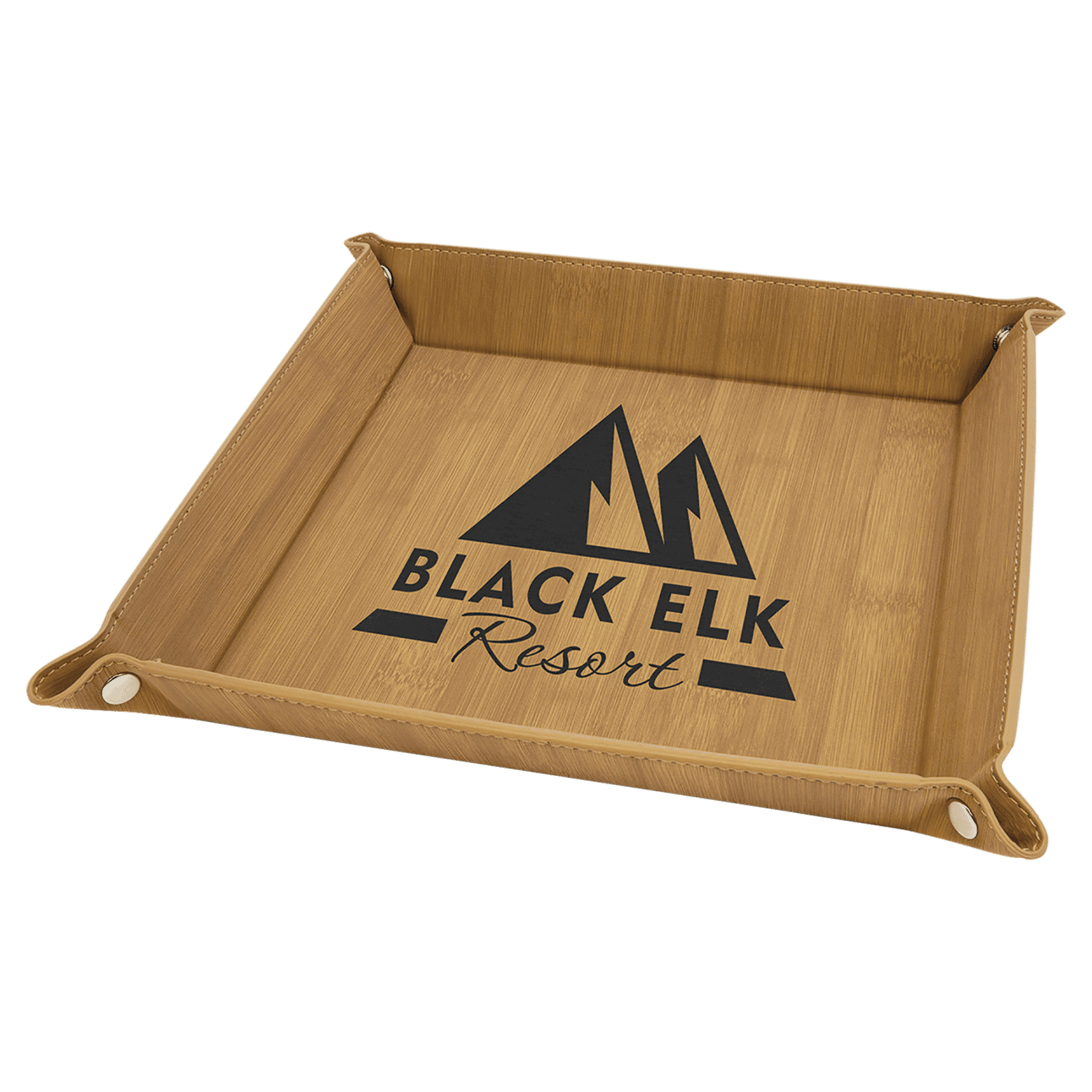 9" x 9" Bamboo Laserable Leatherette Snap Up Tray with Silver Snaps