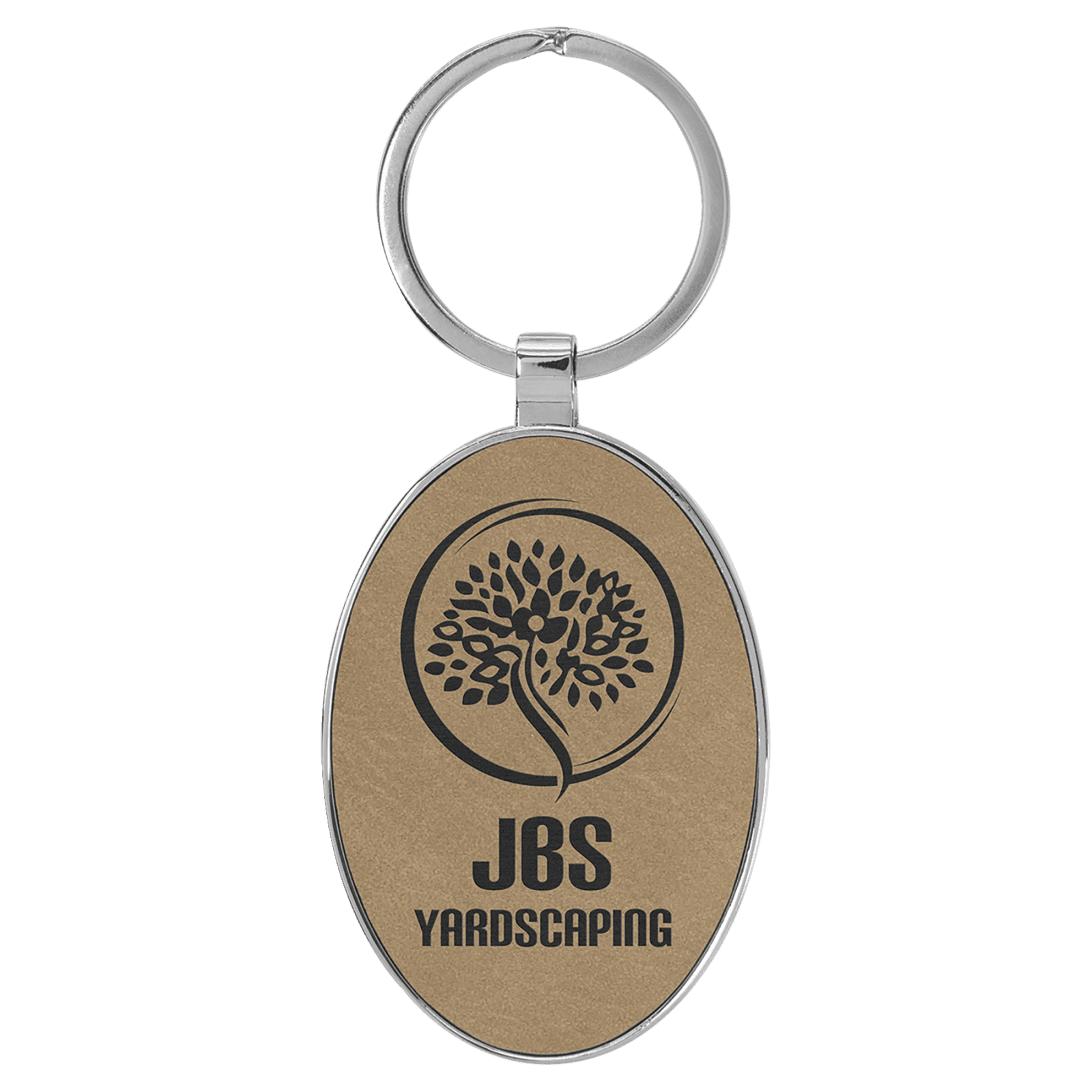 Light Brown Leatherette Oval Keychain with Metal Frame