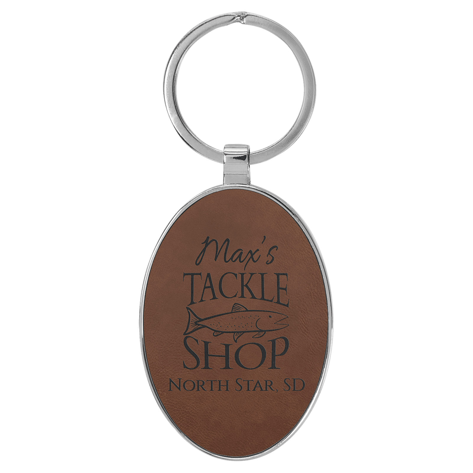 Dark Brown Leatherette Oval Keychain with Metal Frame