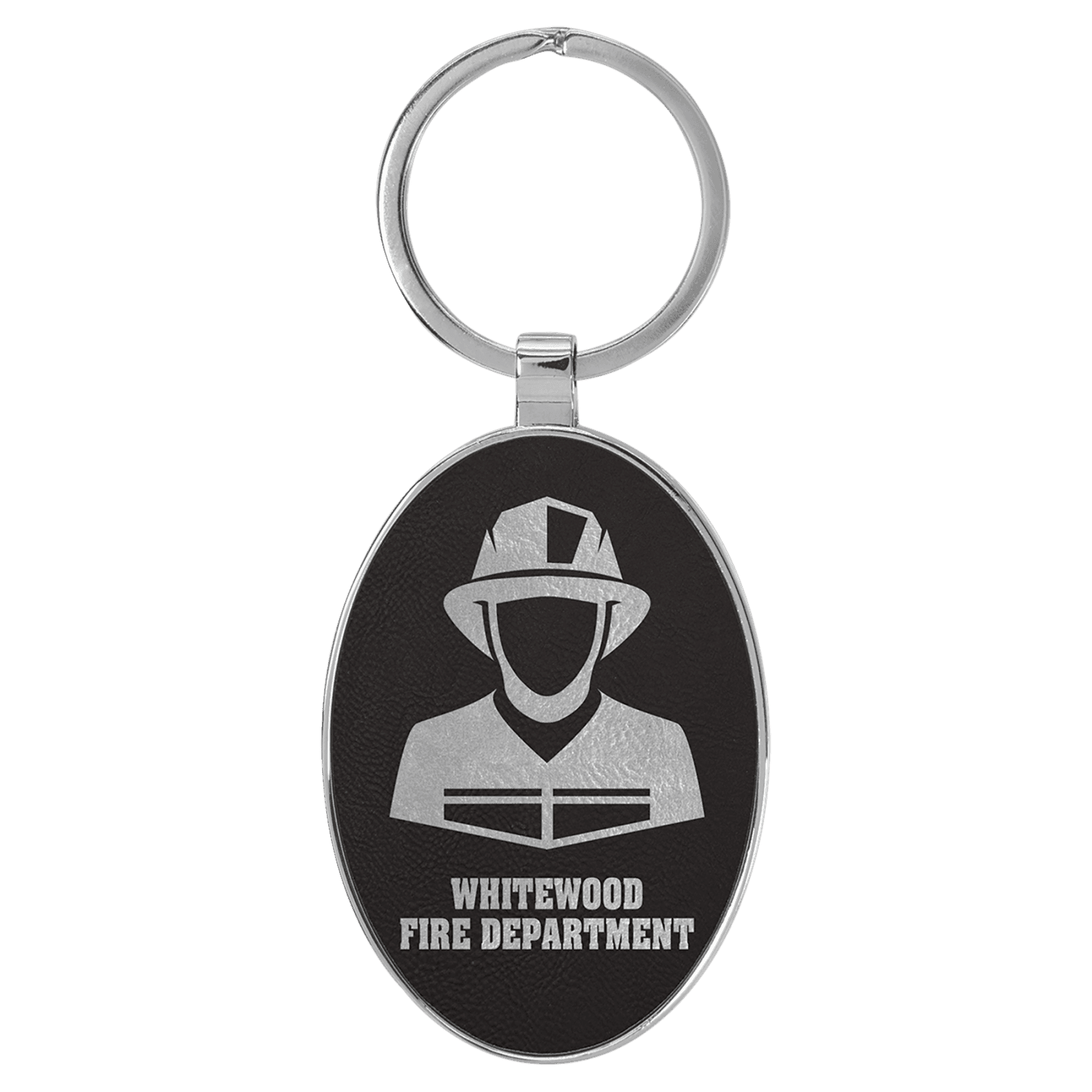 Black/Silver Leatherette Oval Keychain with Metal Frame