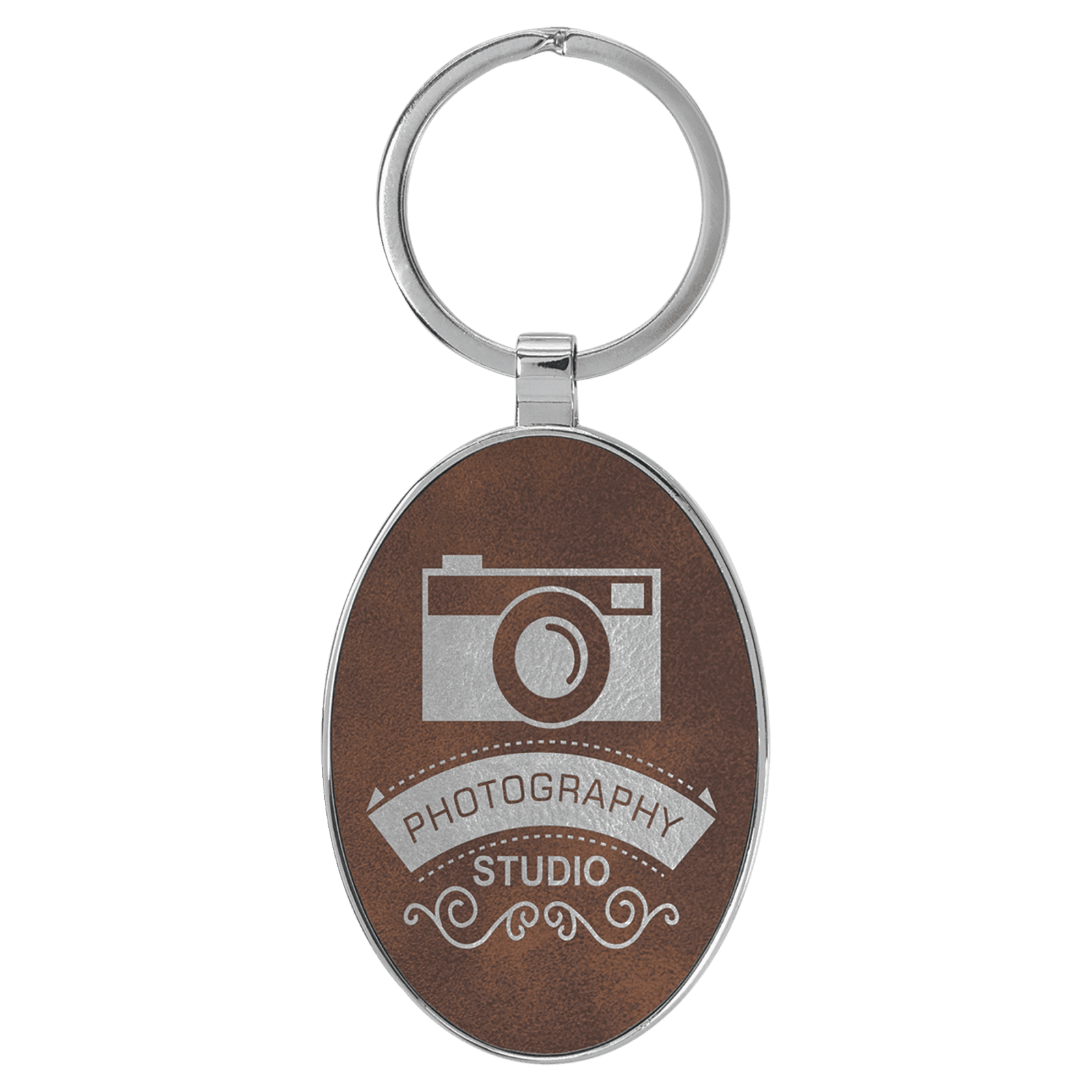 Rustic/Silver Leatherette Oval Keychain with Metal Frame