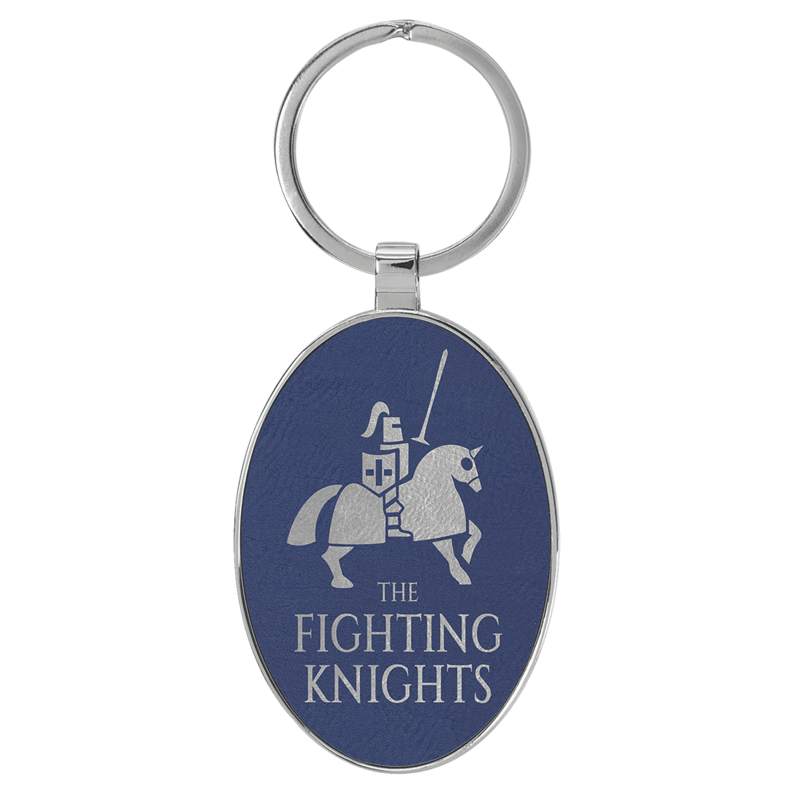 Blue/Silver Leatherette Oval Keychain with Metal Frame