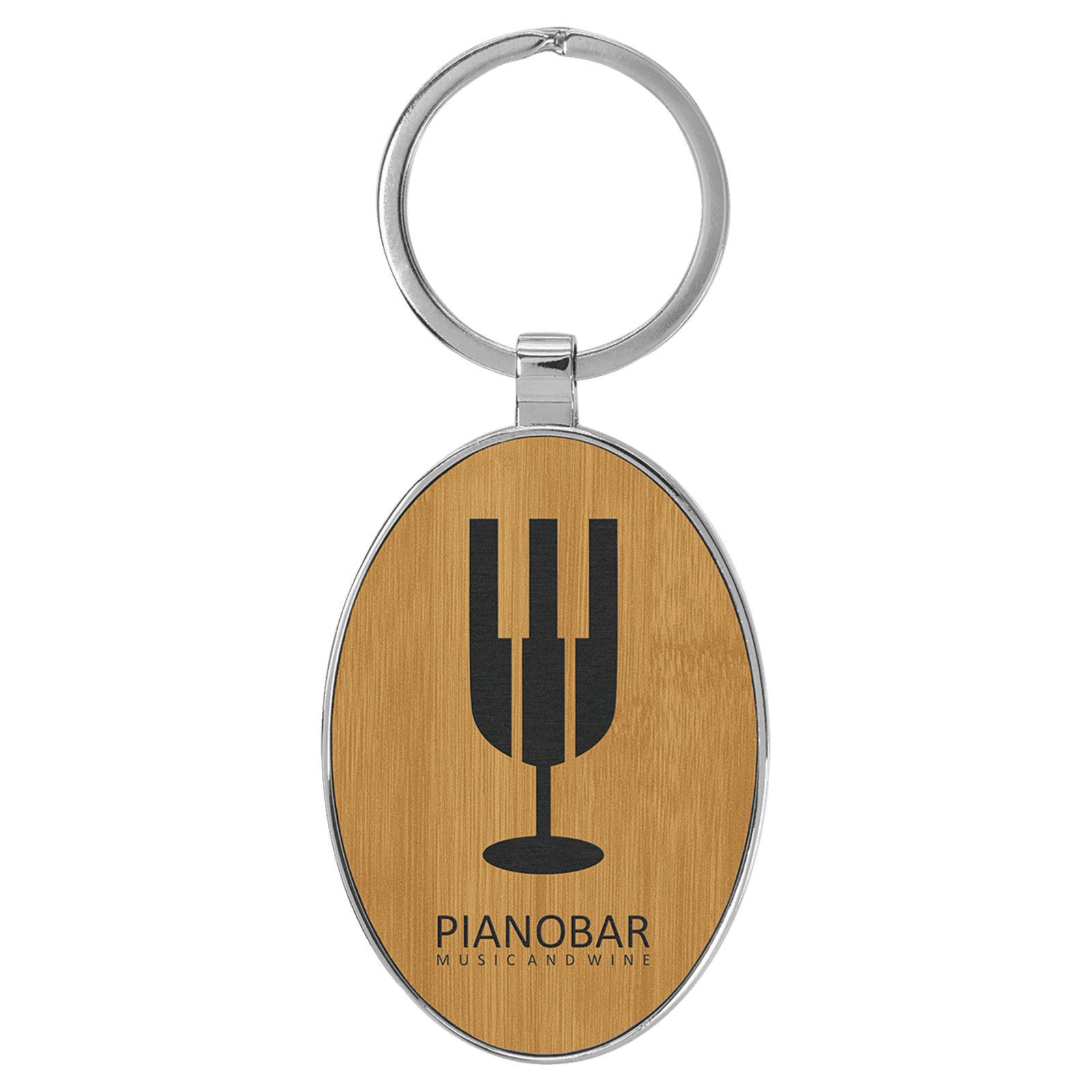 Bamboo Leatherette Oval Keychain with Metal Frame
