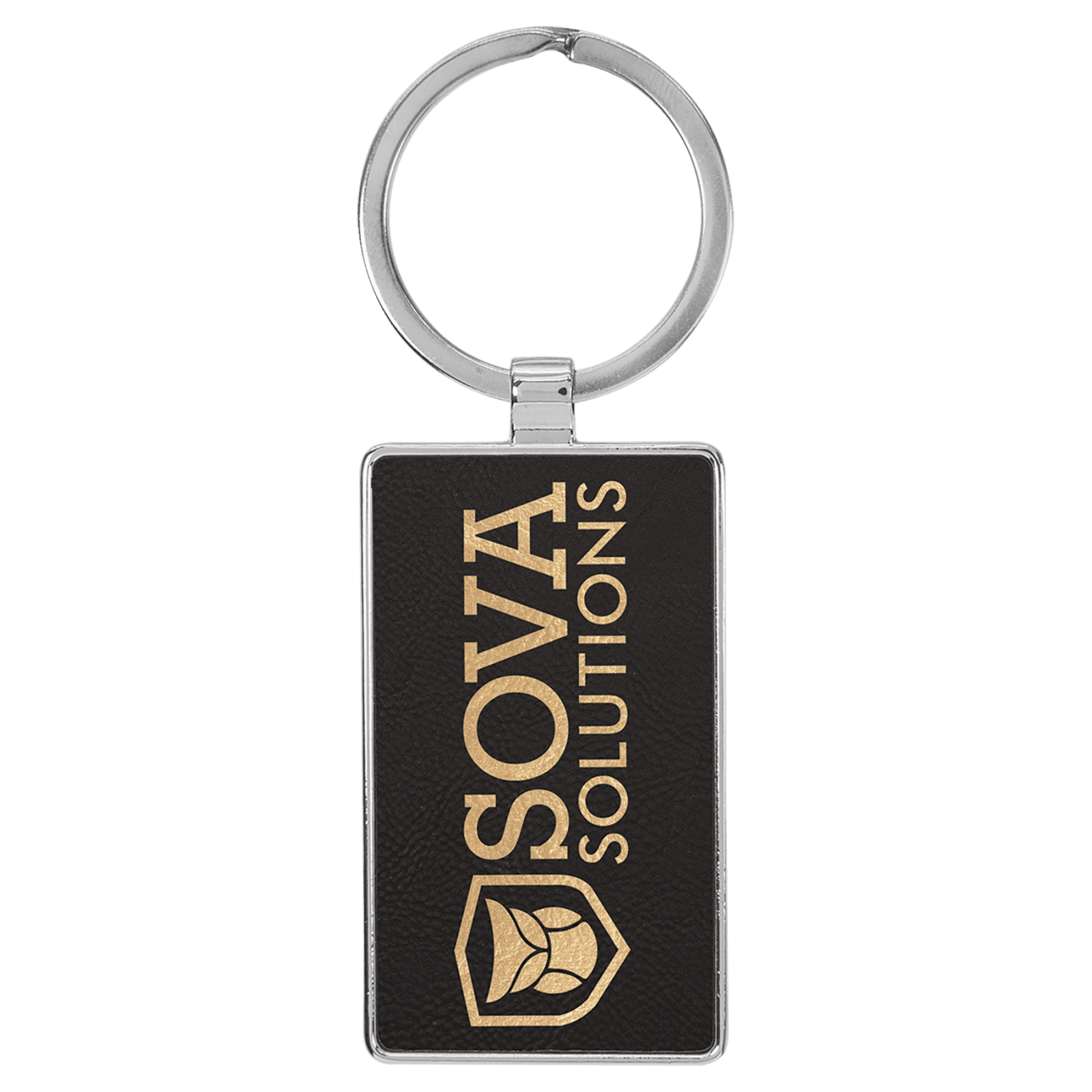 Black/Gold Leatherette Rectangle Keychain with Metal Frame