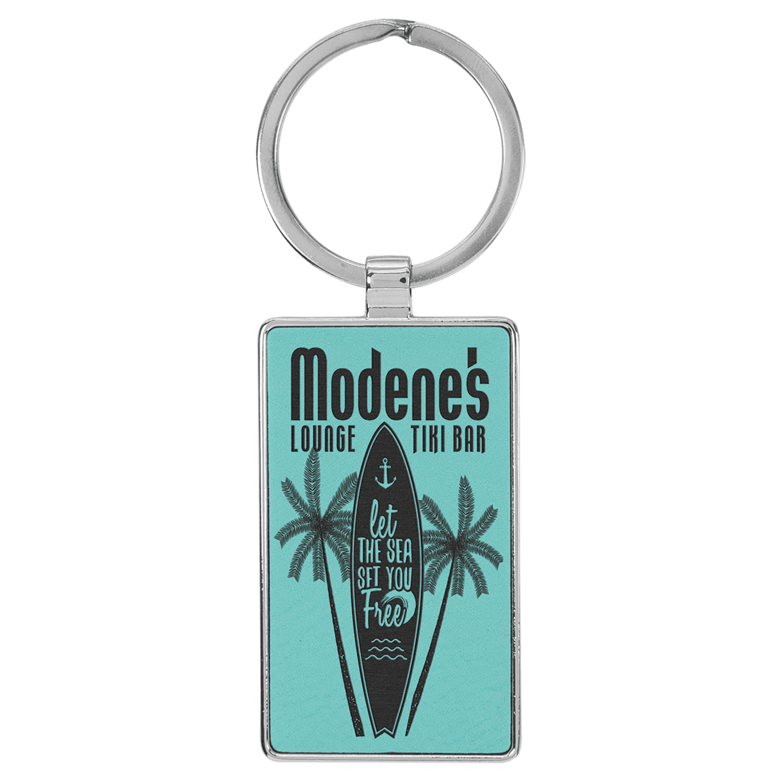 Teal Leatherette Rectangle Keychain with Metal Frame