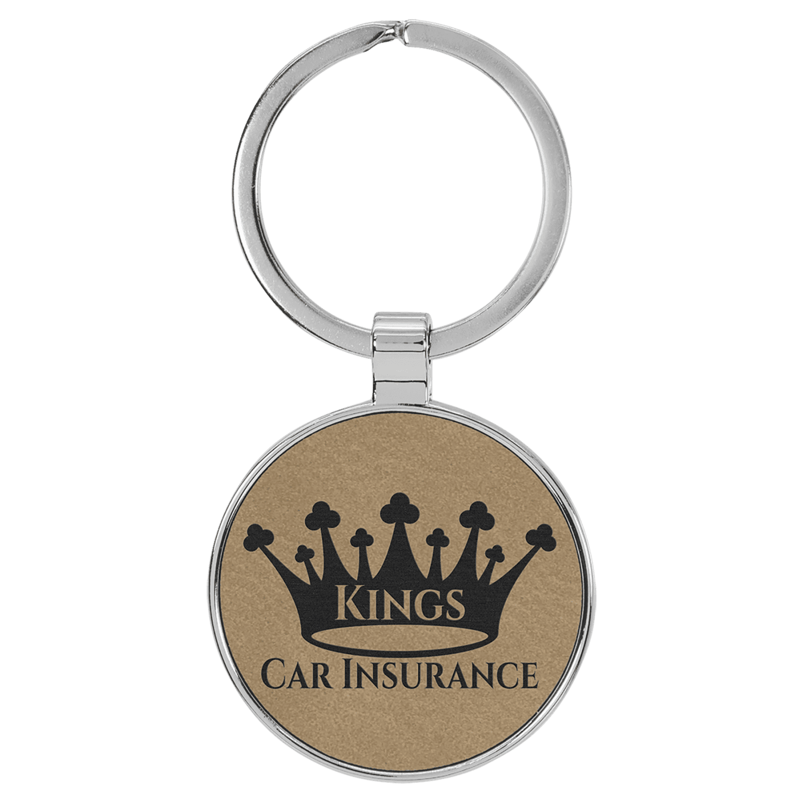Light Brown Leatherette Round Keychain with Metal Frame