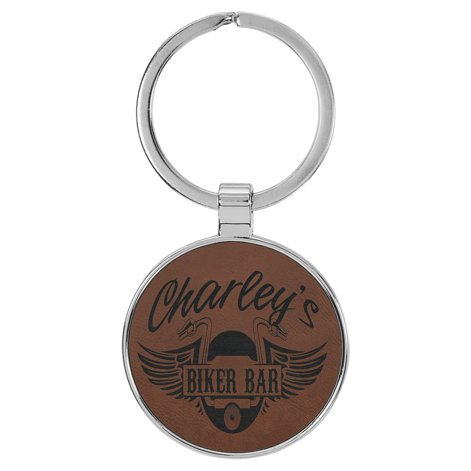 Dark Brown Leatherette Round Keychain with Metal Frame