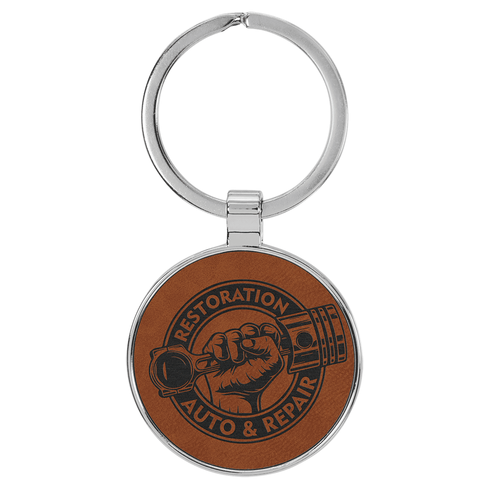 Rawhide Leatherette Round Keychain with Metal Frame