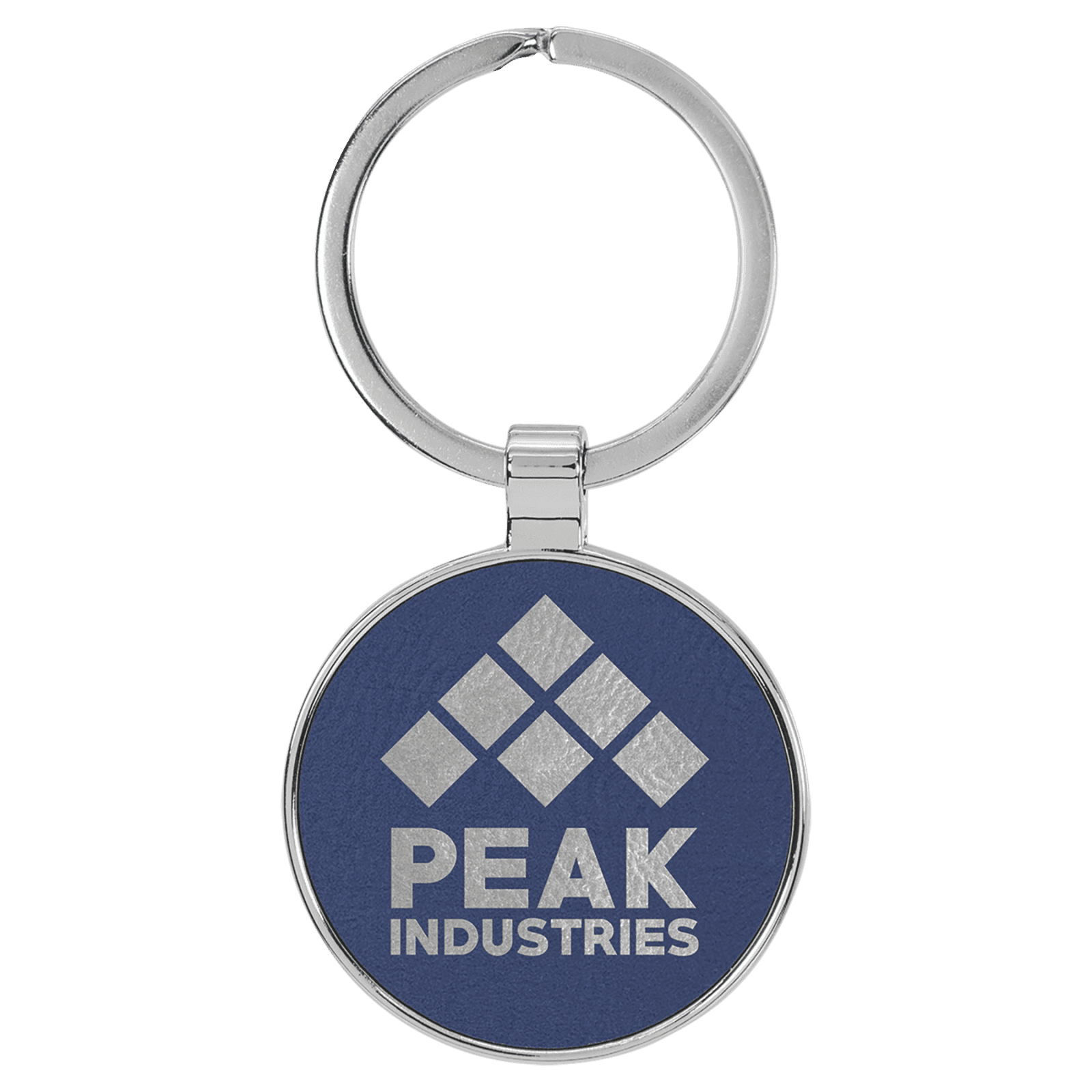 Blue/Silver Leatherette Round Keychain with Metal Frame