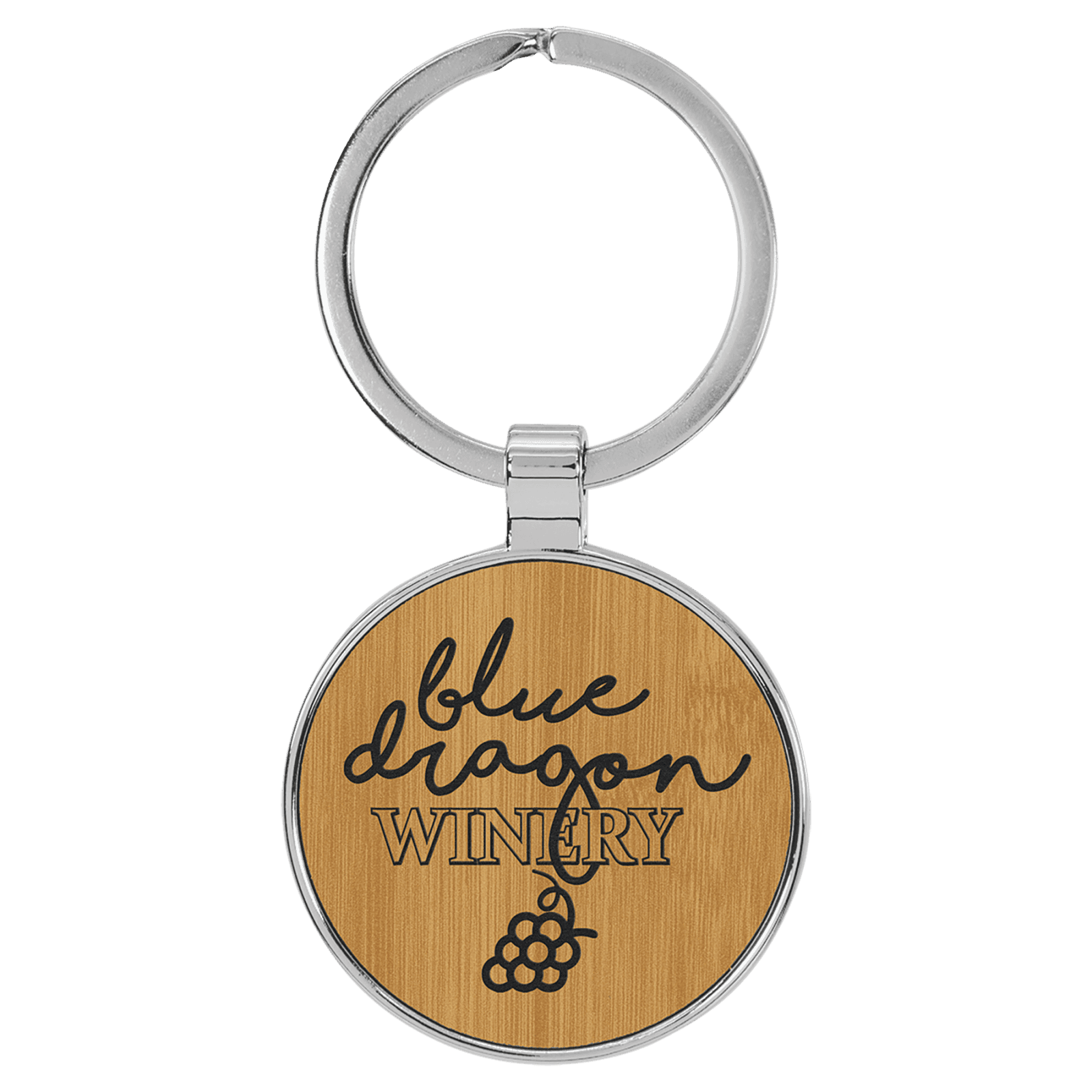 Bamboo Leatherette Round Keychain with Metal Frame