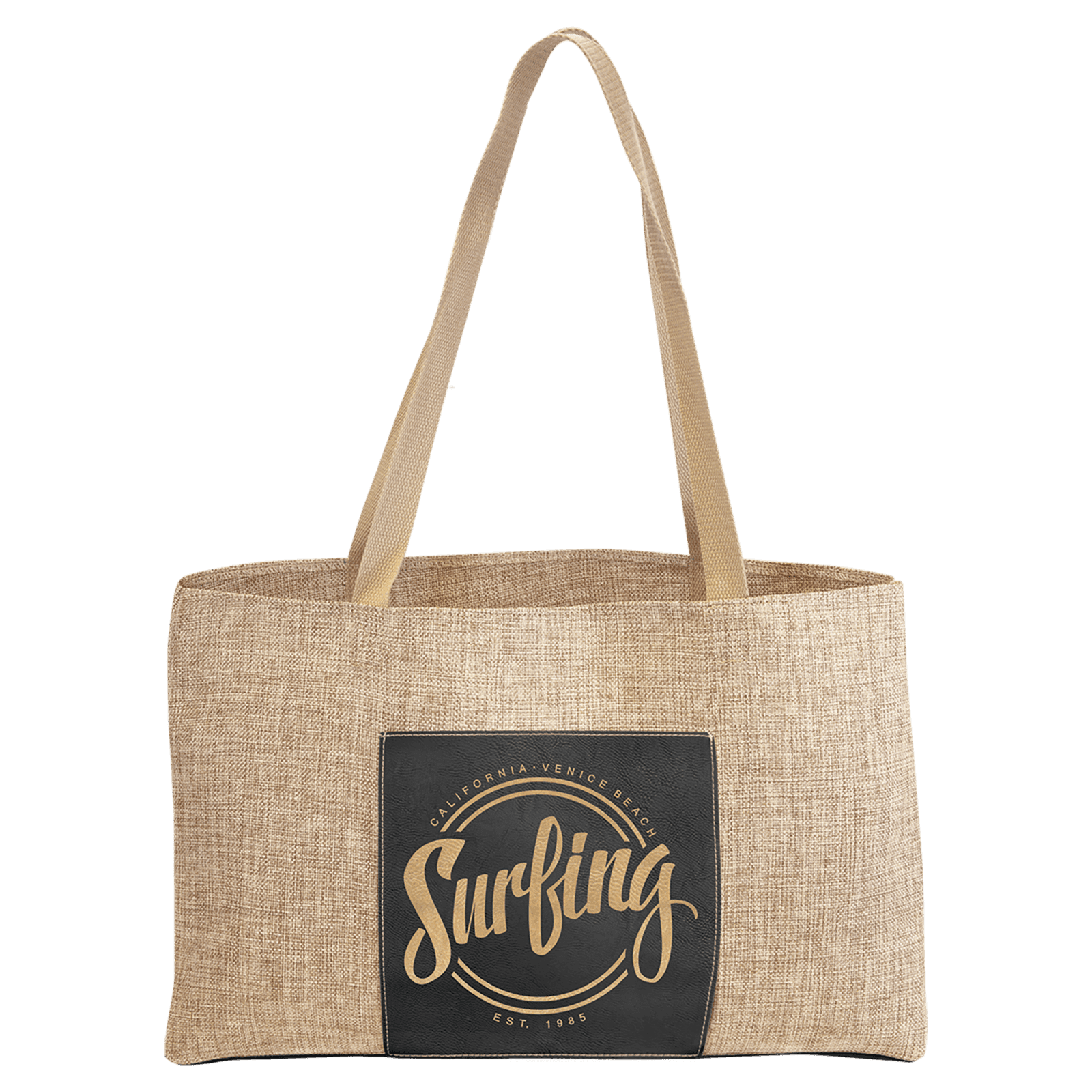 Burlap Bag with 5" Gusset and Leatherette Trim-Black/Gold