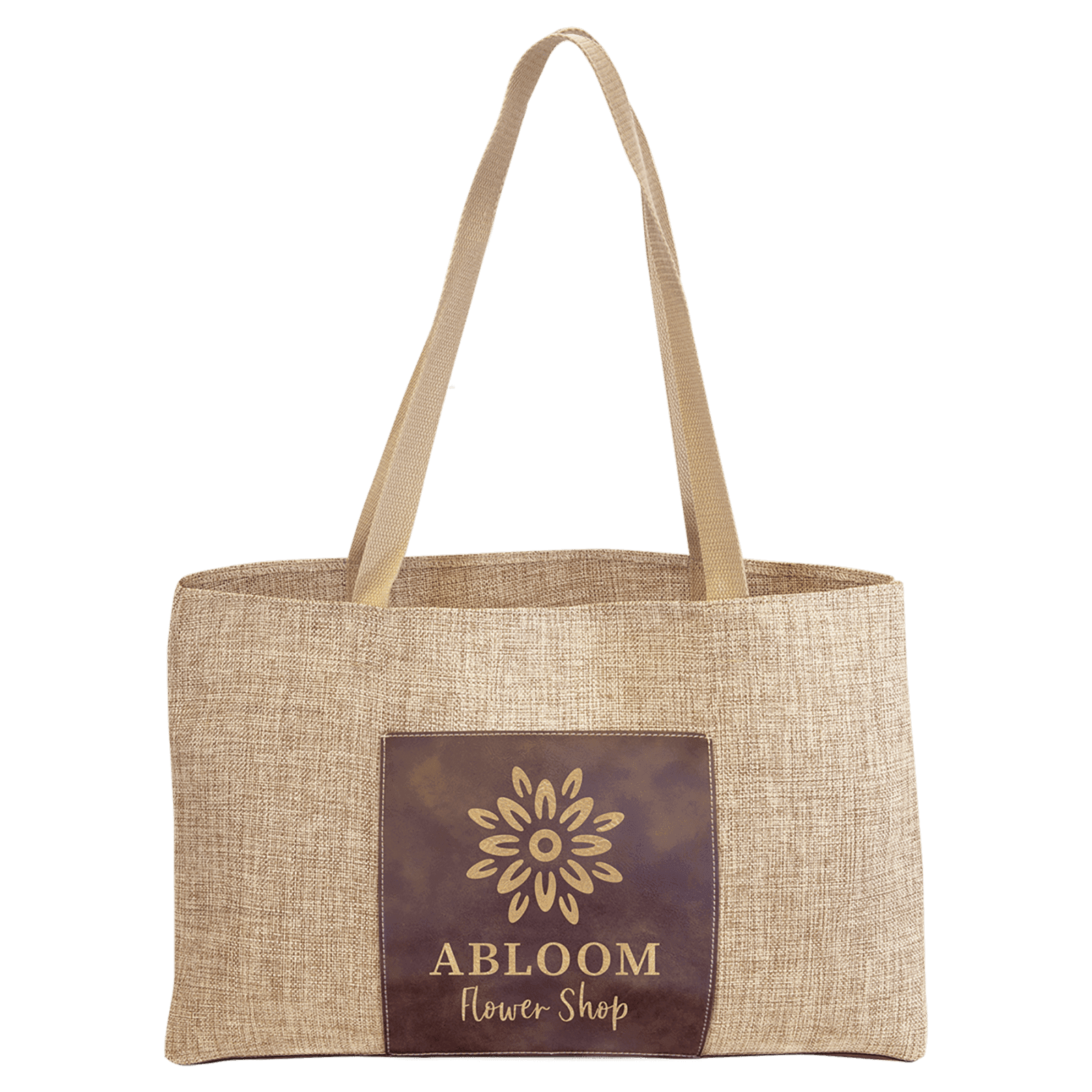 Burlap Bag with 5" Gusset and Leatherette Trim-Rustic/Gold