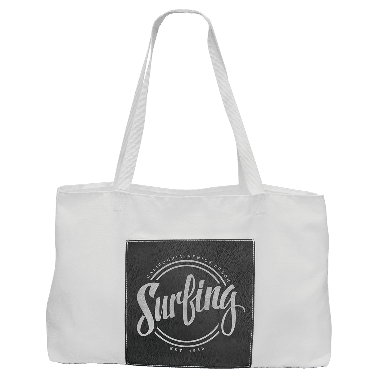 White Canvas Bag with 5" Gusset and Leatherette Trim-Black/Silver