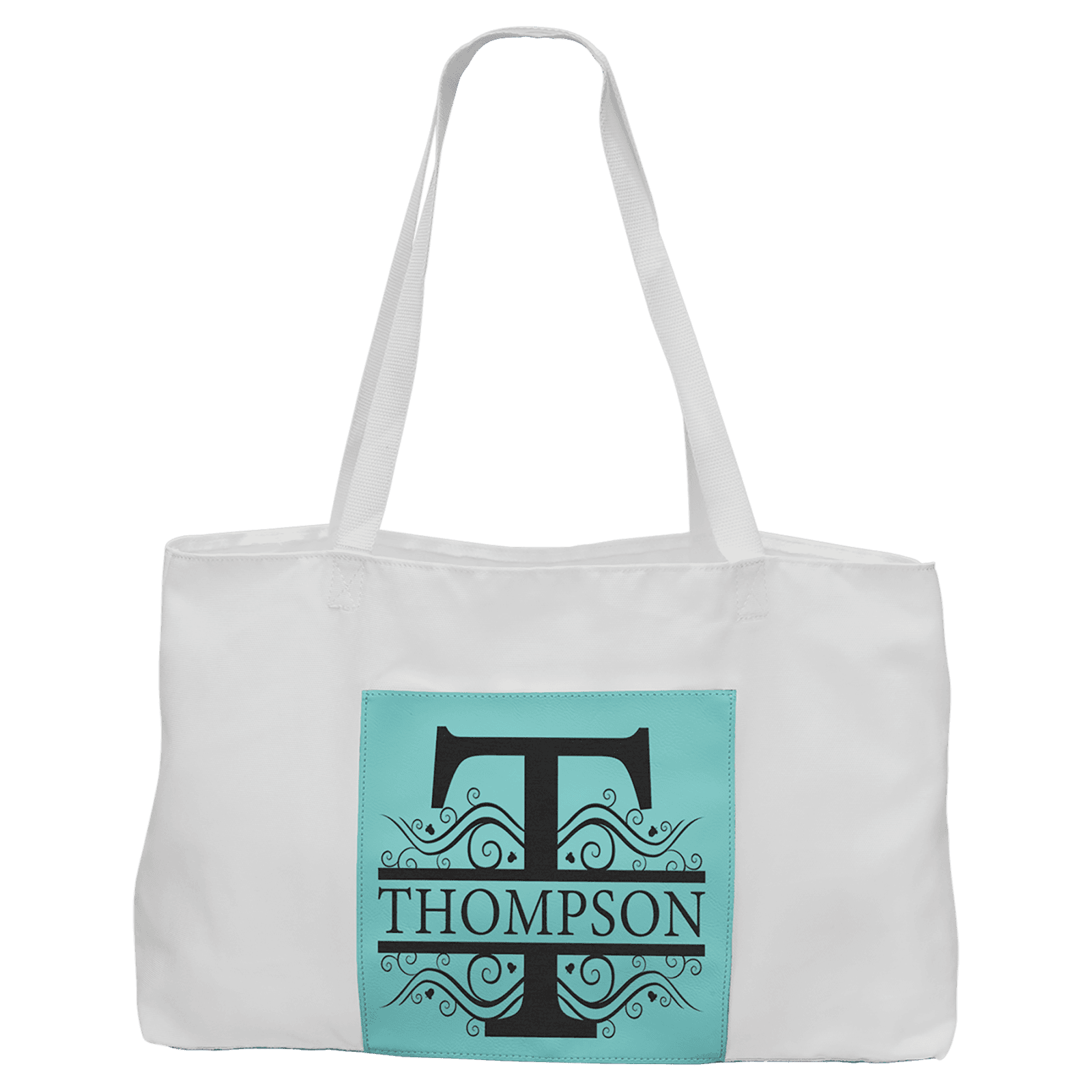 White Canvas Bag with 5" Gusset and Leatherette Trim-Teal