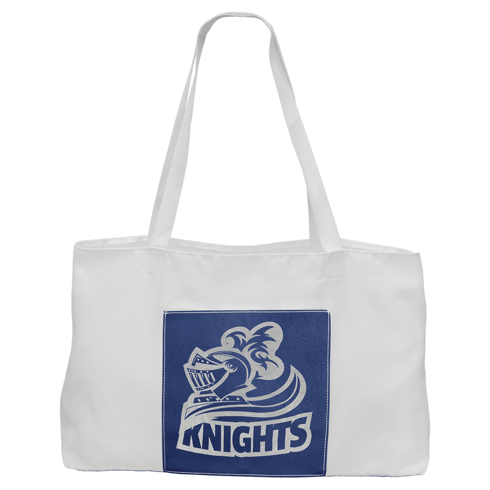 White Canvas Bag with 5" Gusset and Leatherette Trim-Blue/Silver