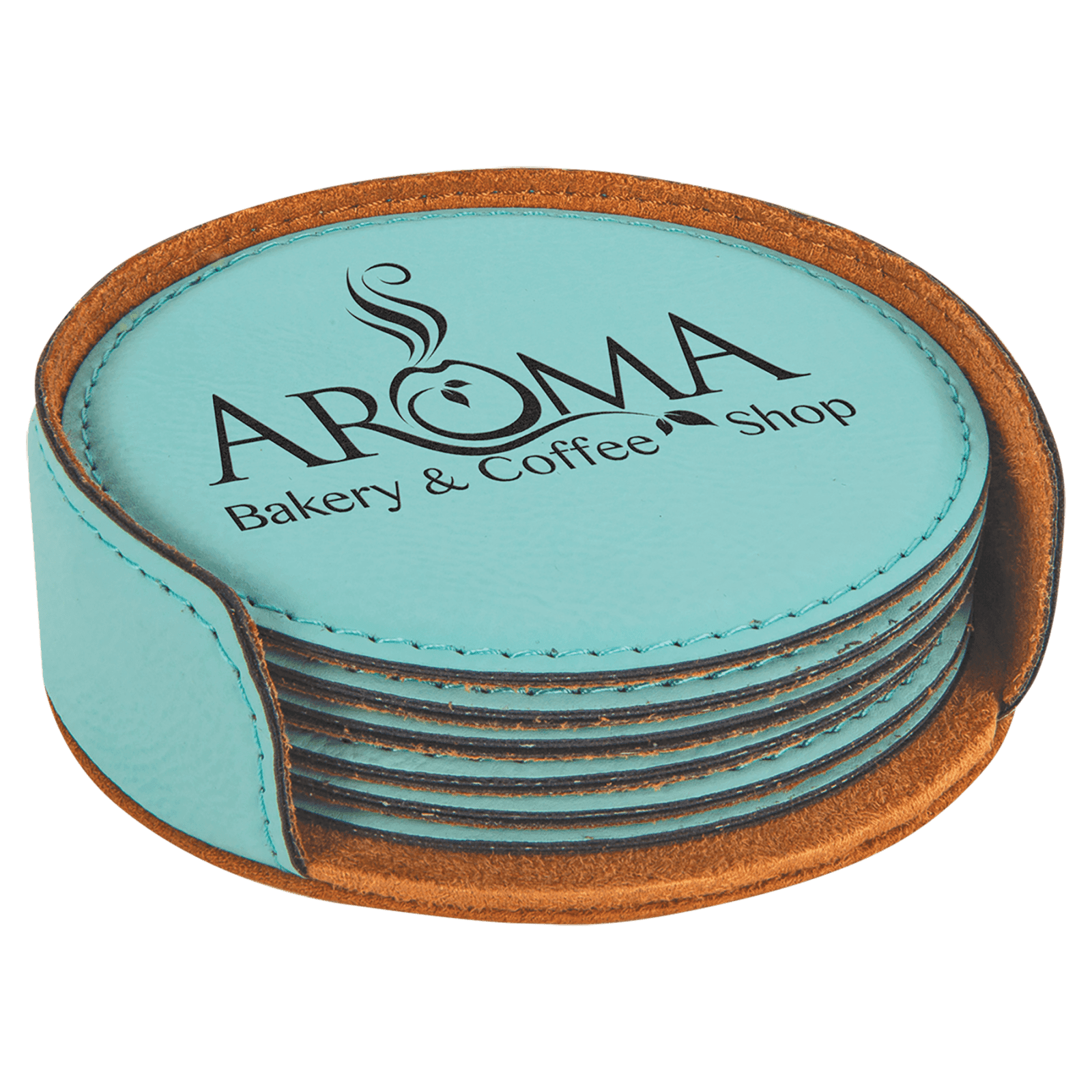Teal Leatherette Round 6-Coaster Set
