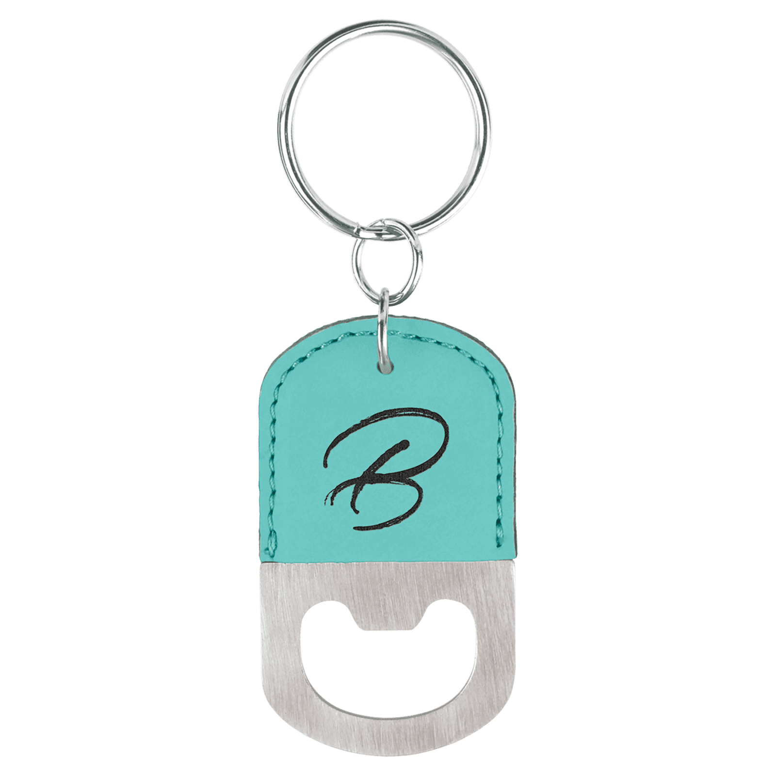 Teal Leatherette Oval Bottle Opener Keychain