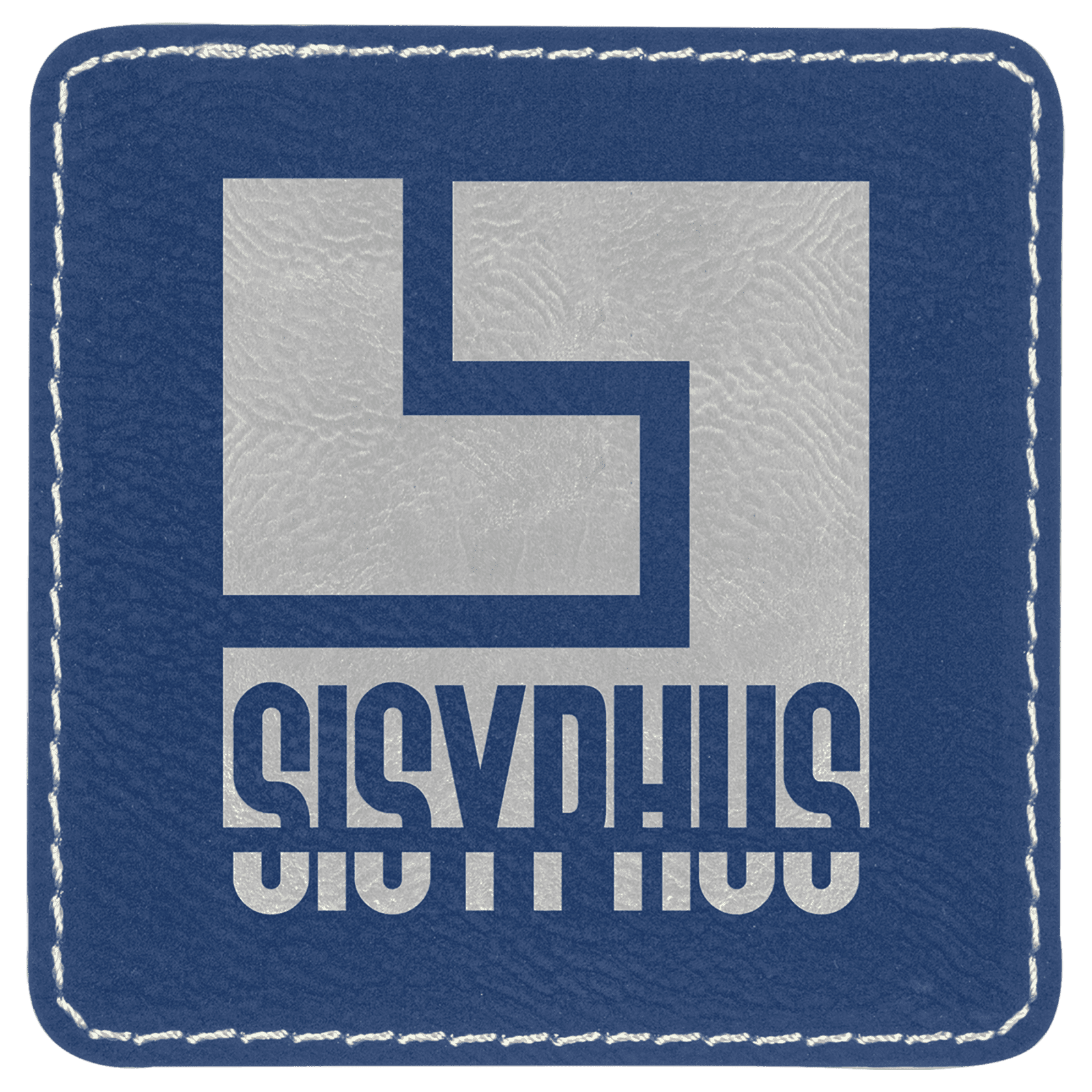Square Blue/Silver Laserable Leatherette Patch with Adhesive