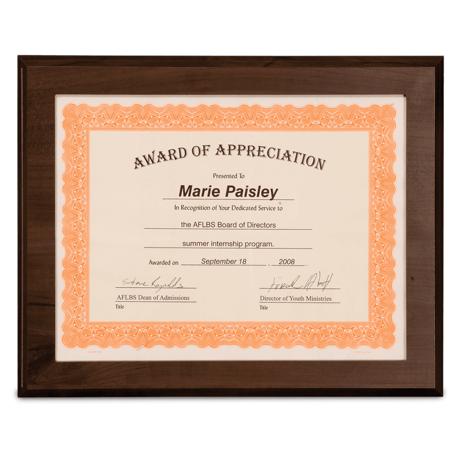 Cherry Finish Plaque with Slide-In Certificate Frame