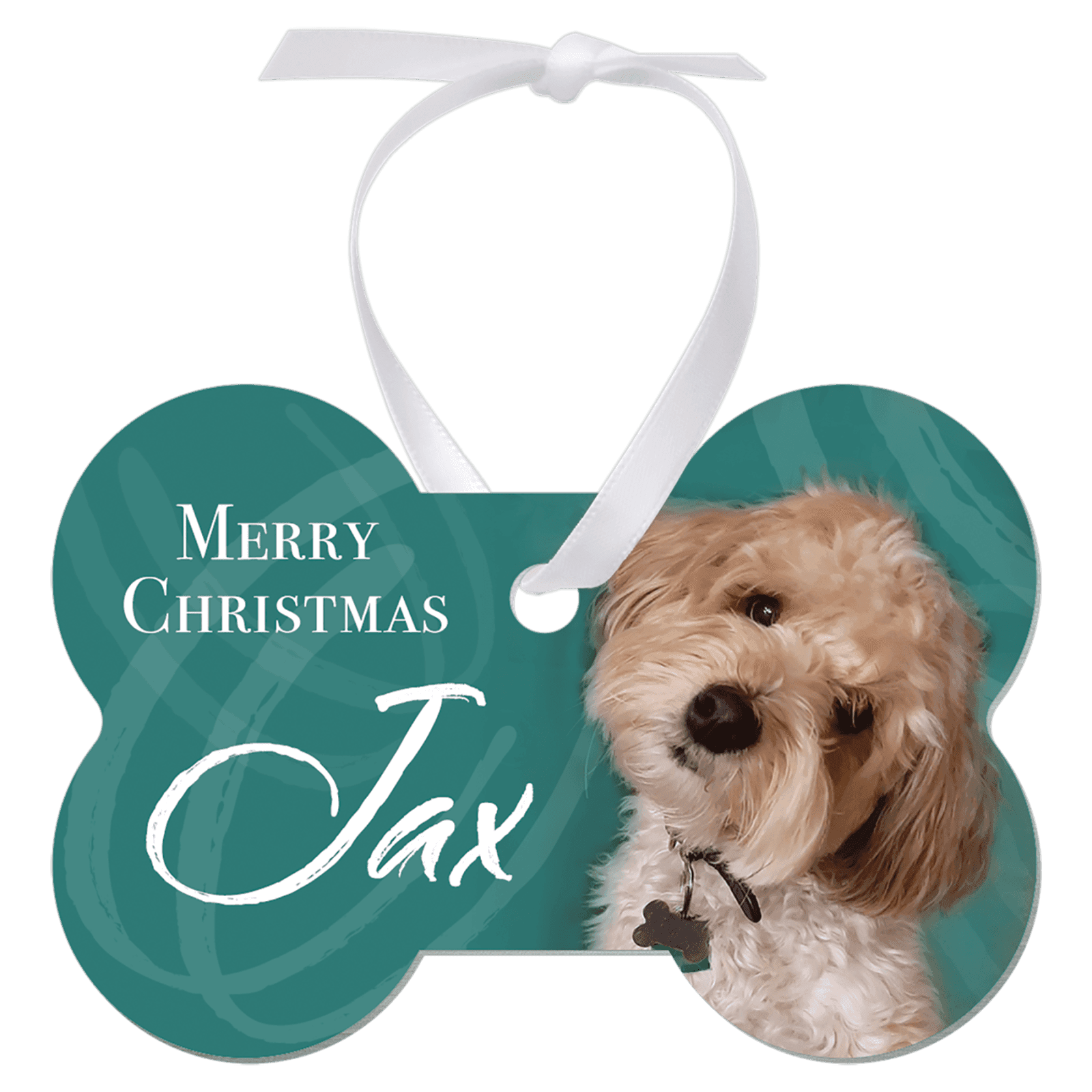 Gloss White Unisub Aluminum Dog Bone Ornament, 1-Side w/White Ribbon