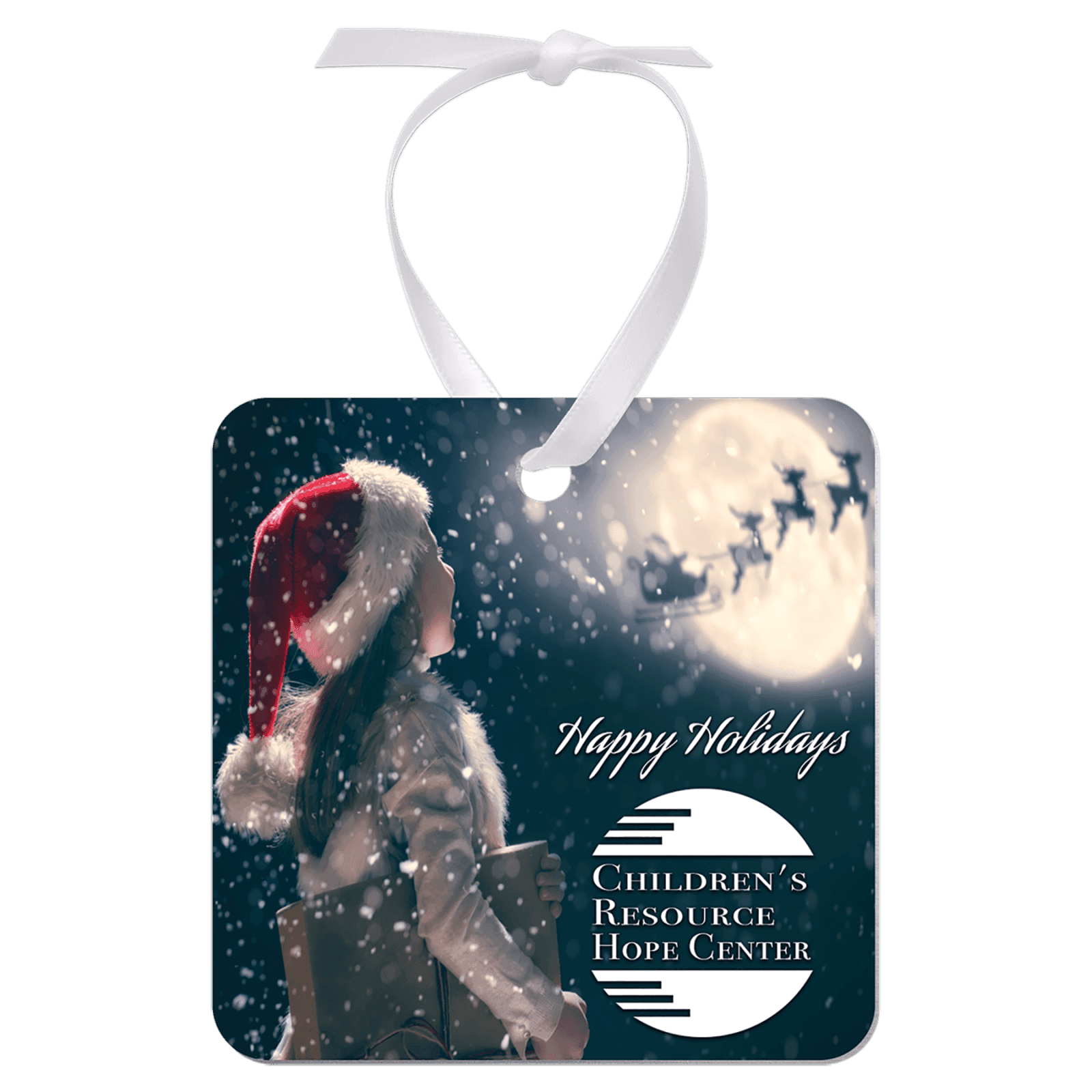 Gloss White Aluminum Square Ornament, 1-Side w/White Ribbon